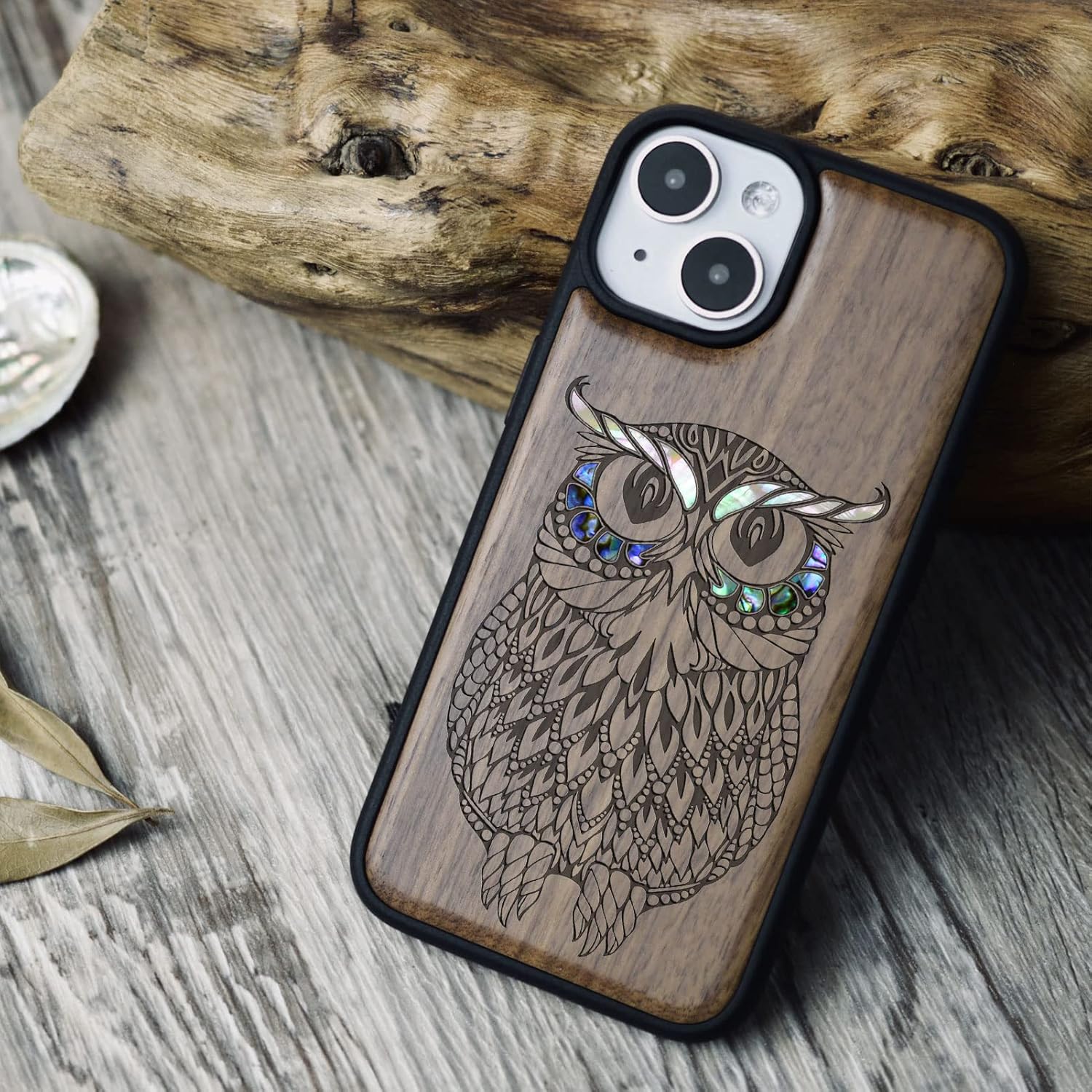 Carveit Designer Wooden Protective Magnetic Case for iPhone 14 Case [Wood Engraving & Shell Inlay] Unique Wood Phone Cover Compatible with iPhone 14 MagSafe 6.1 Inch (Owl-Walnut)