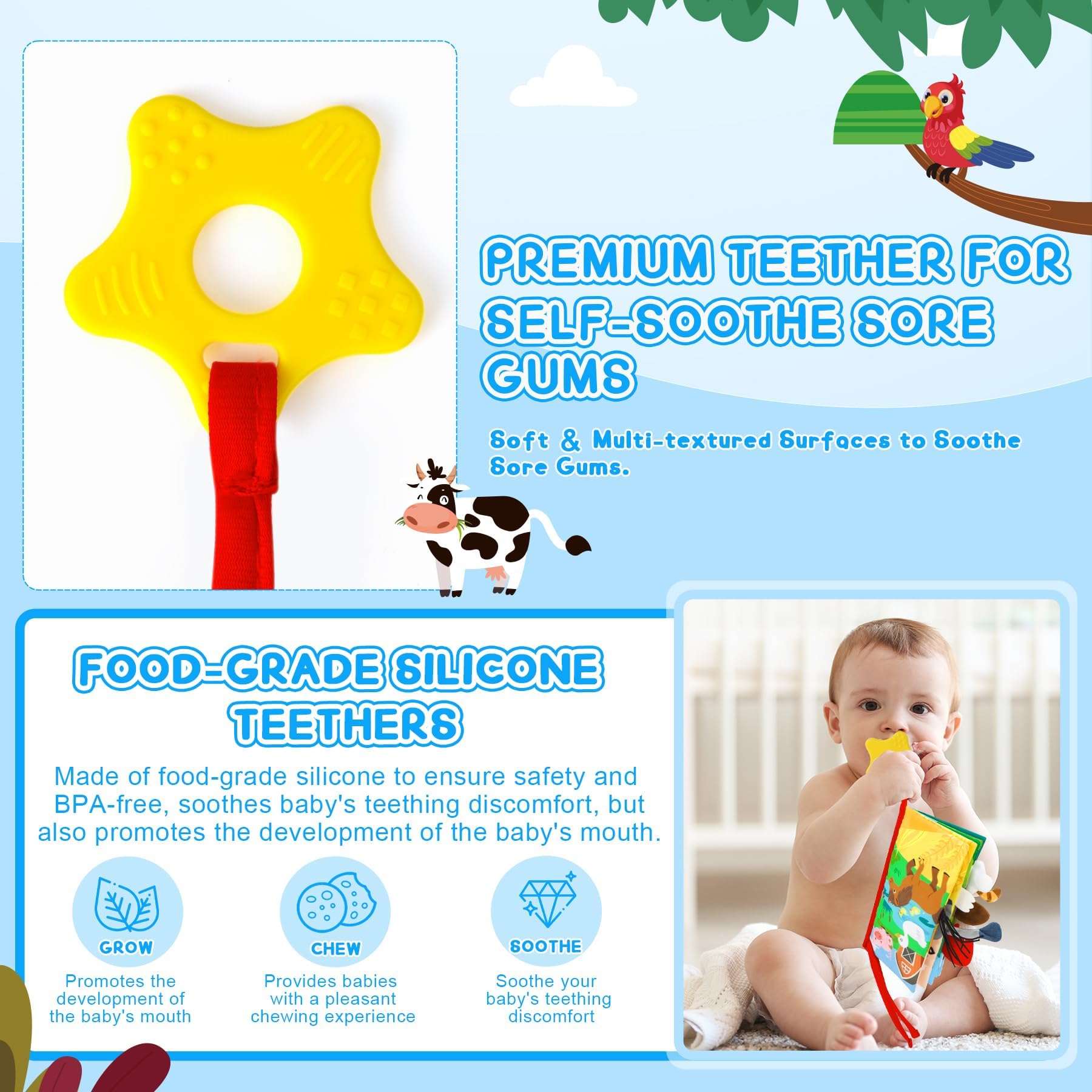 Libro suave para bebé, juguete para bebés, regalo de ducha para niños recién nacidos, juguete para la hora boca abajo, para bebés de 0 a 6 a 12 meses, libro sensorial para tocar y sentir con 4