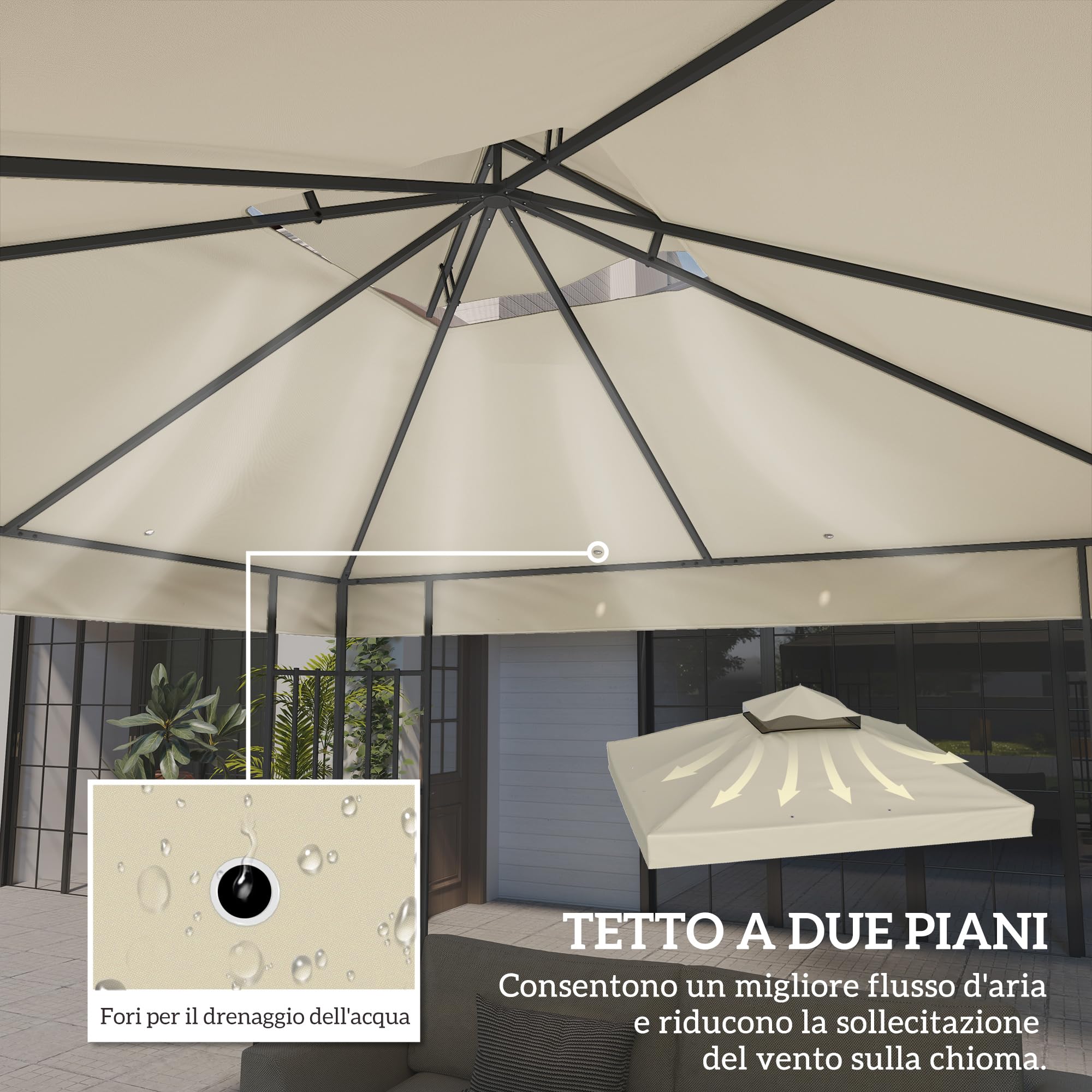 Outsunny Tetto di Ricambio per Gazebo 3x3 m 2 Livelli, Telo Copertura Resistente all'Acqua in Tessuto Oxford 370g/㎡ Anti-UV 30+ con Fori di Drenaggio, Crema