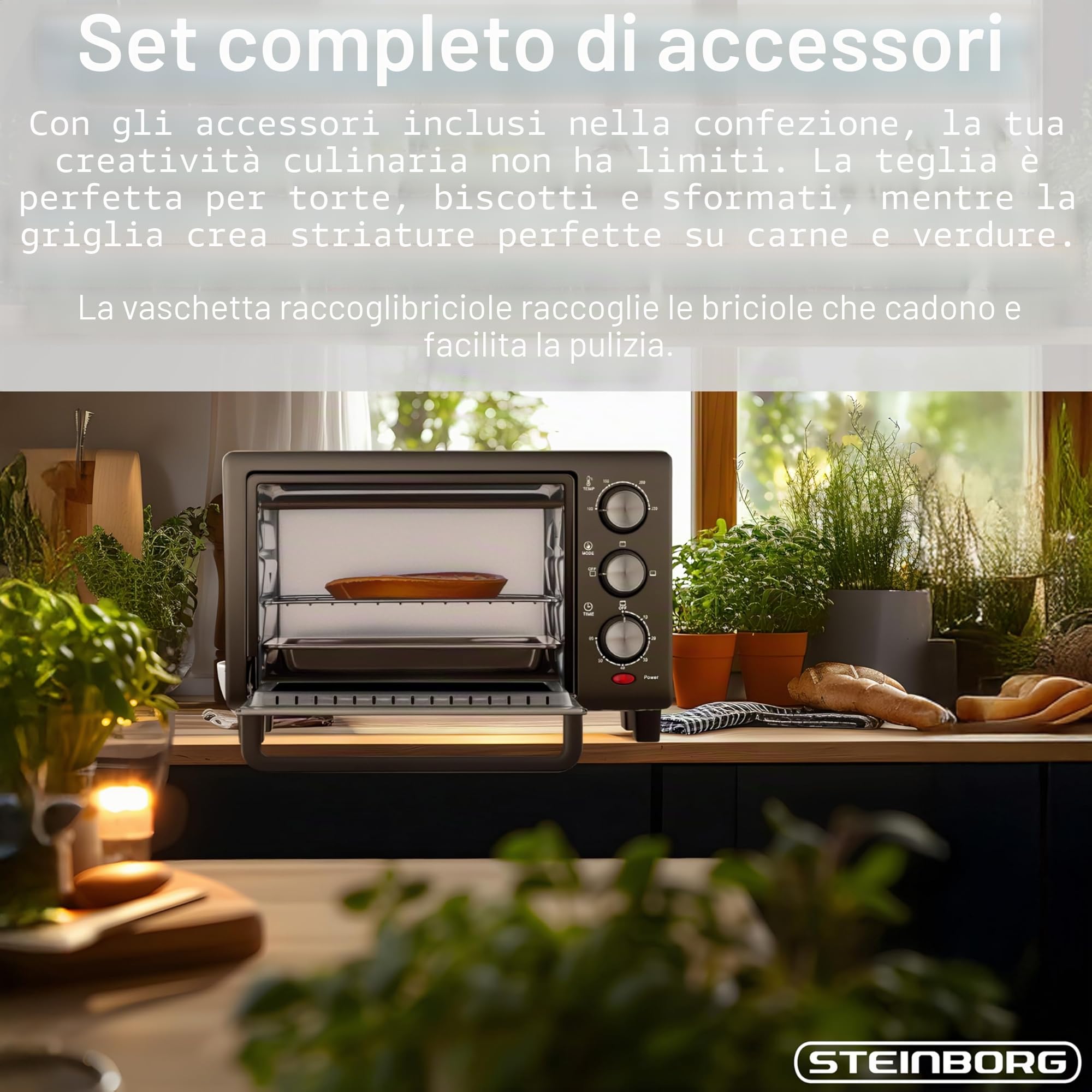 STEInBORG Mini forno 15 litri 3 in 1 forno per pizza calore superiore/inferiore 60 minuti