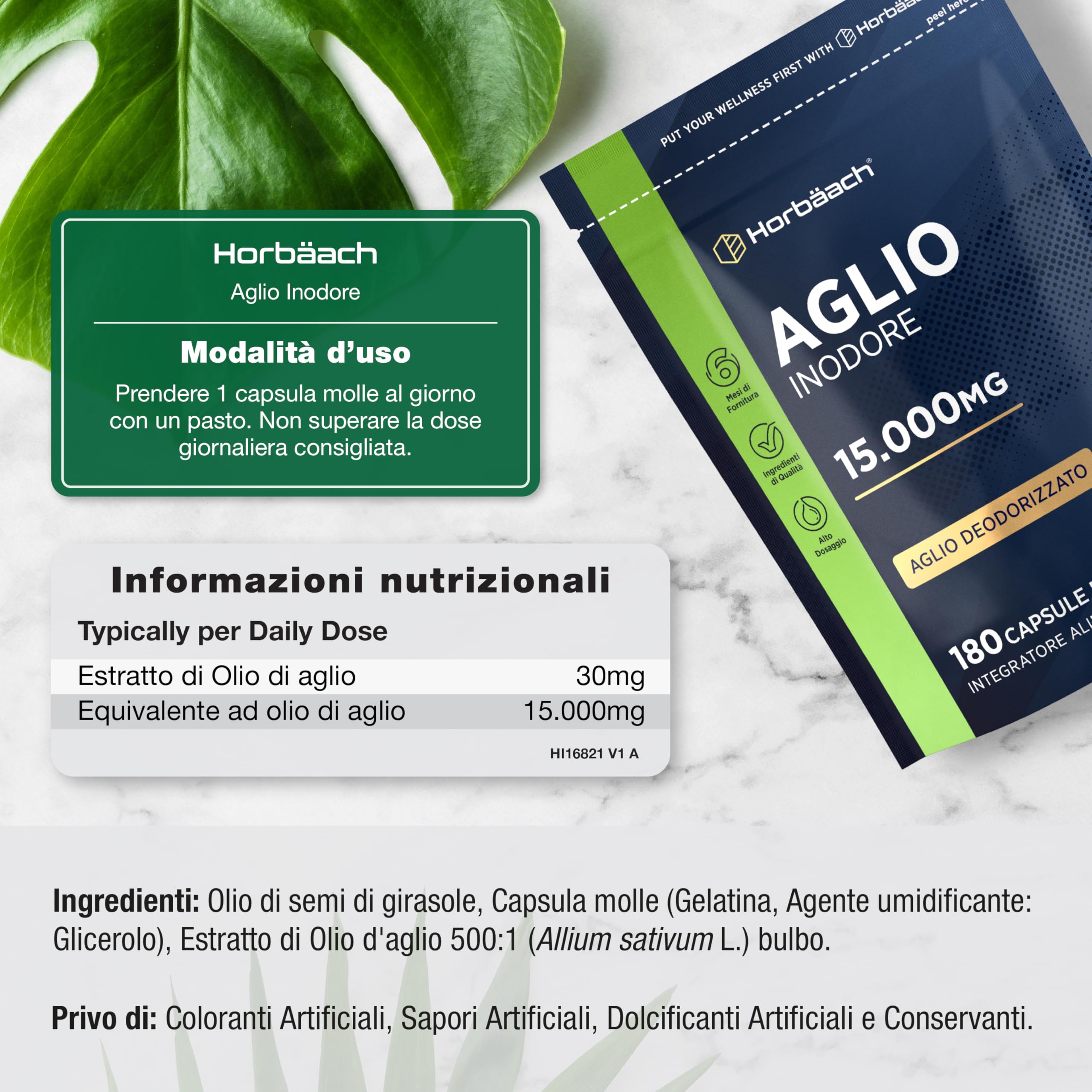 Aglio Capsule Inodore 15000mg | 180 Capsule Molli per 6 Mesi | Estratto di Aglio Deodorizzato ad Alto Dosaggio | Ricavato da Allium Sativum | Odorless Garlic Softgels | by Horbaach