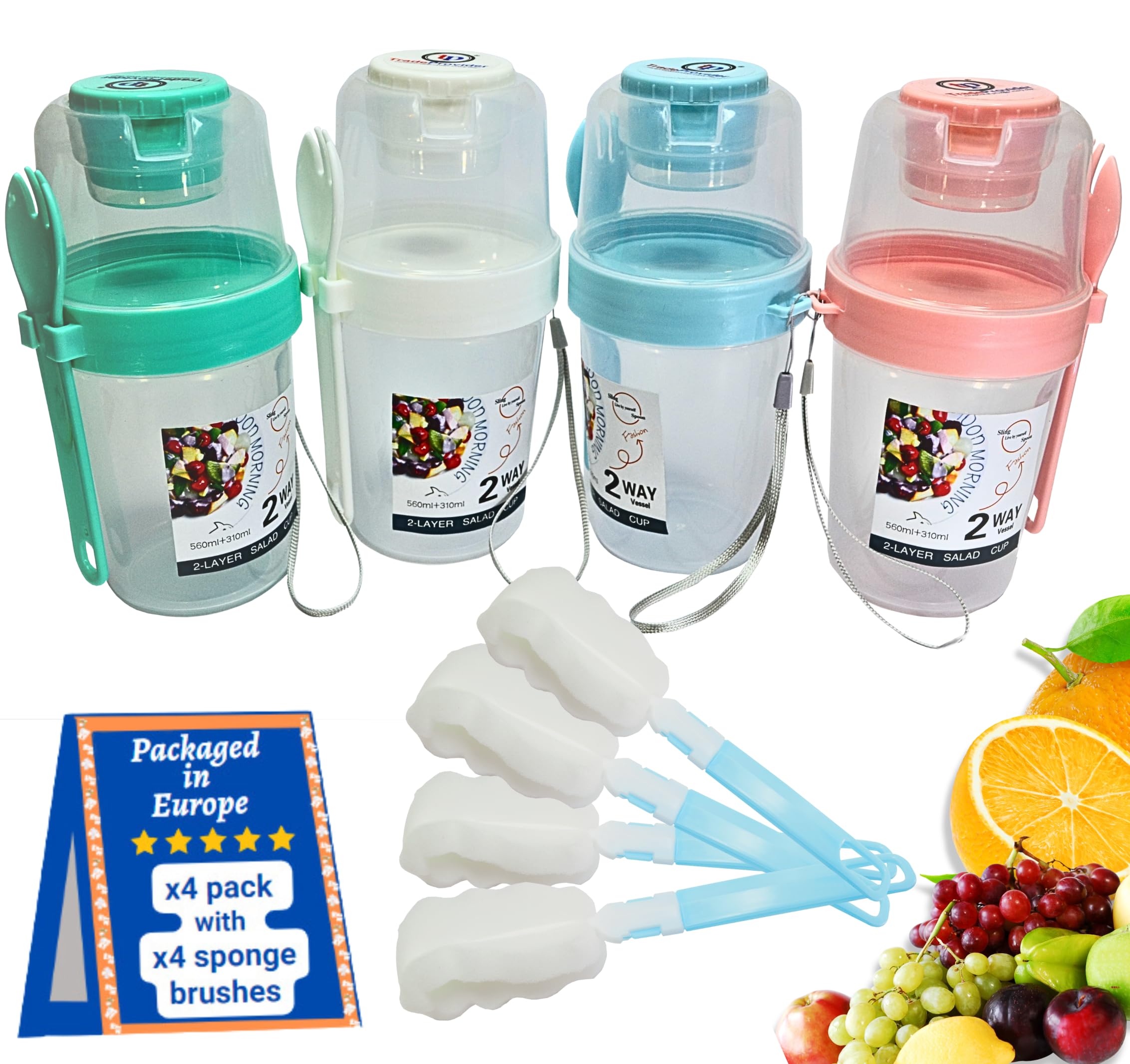 Overnight Oats Jar (4pack) Reusable Yogurt Cups 560ml+310ml Food Storage Solutions BPA & Phthalate Free Breakfast Bowl Sauce cup, Cereal Pot, Salad Containers, Juice Milk Cup by TradeProvider®