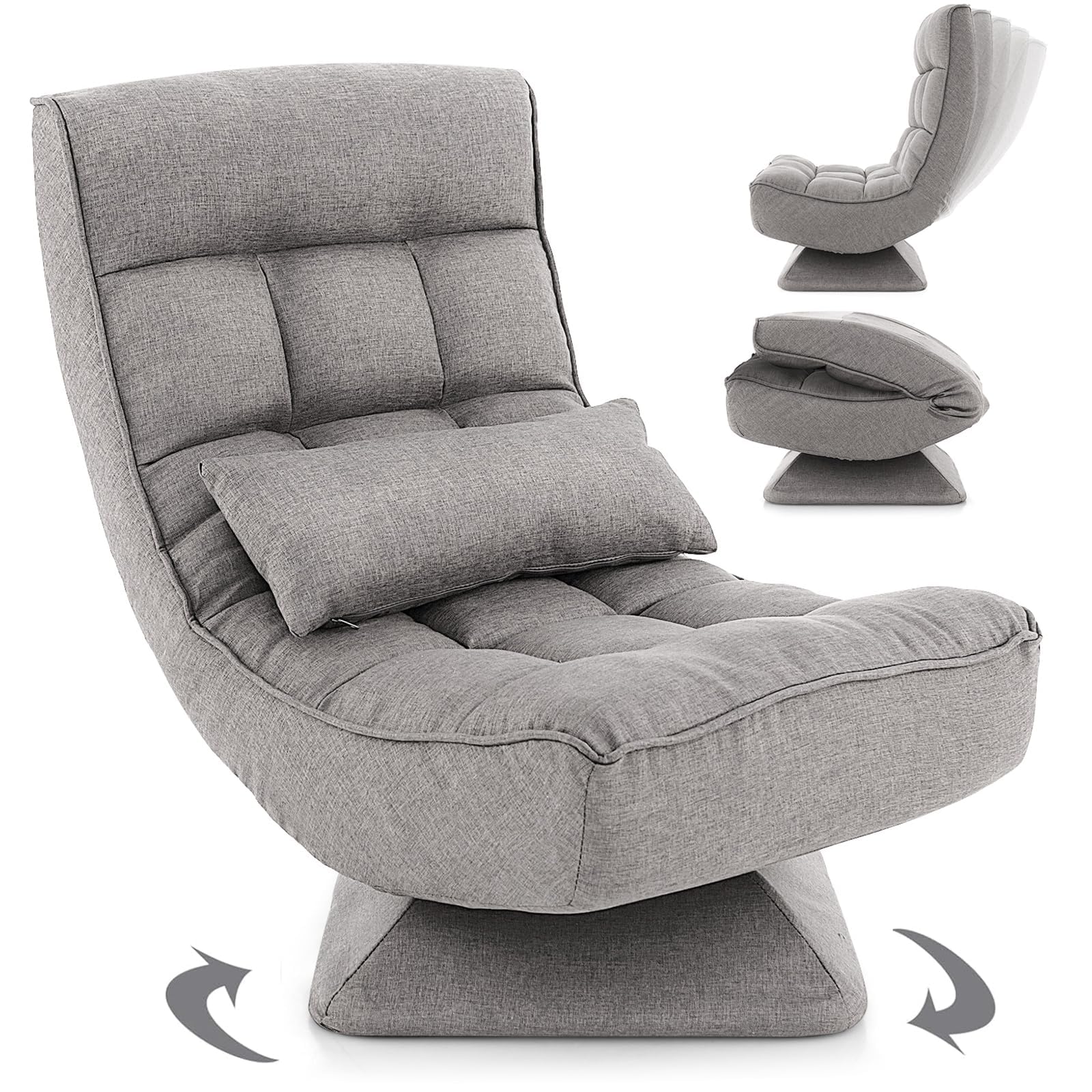 RELAX4LIFE Poltrona da Terra con Base Girevole, Poltrona Relax con Schienale Reclinabile in 4 posizioni, Adatta per Camera da Letto, Ufficio e Soggiorno (71-100 x 63 x 83-92,5 cm, Gray, 1)
