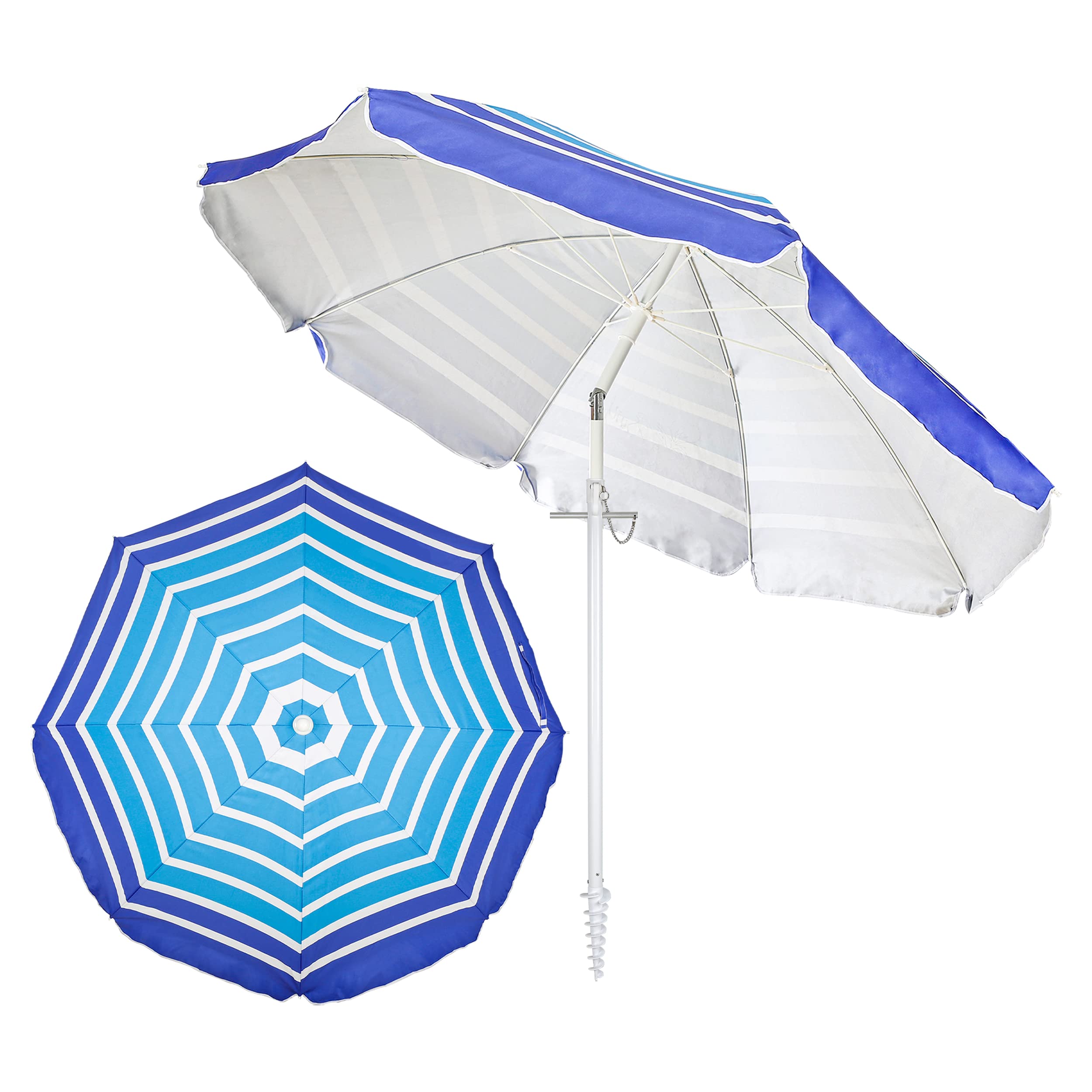 H HANSEL HOME Sombrilla de Playa Premium con Broca de Arena, Inclinable, Resiste Vientos de Hasta 20km/h, Tubo Acero, Varillas de Fibra de Vidrio, Protección Solar UPF+50, 180cm, Multicolor Azul
