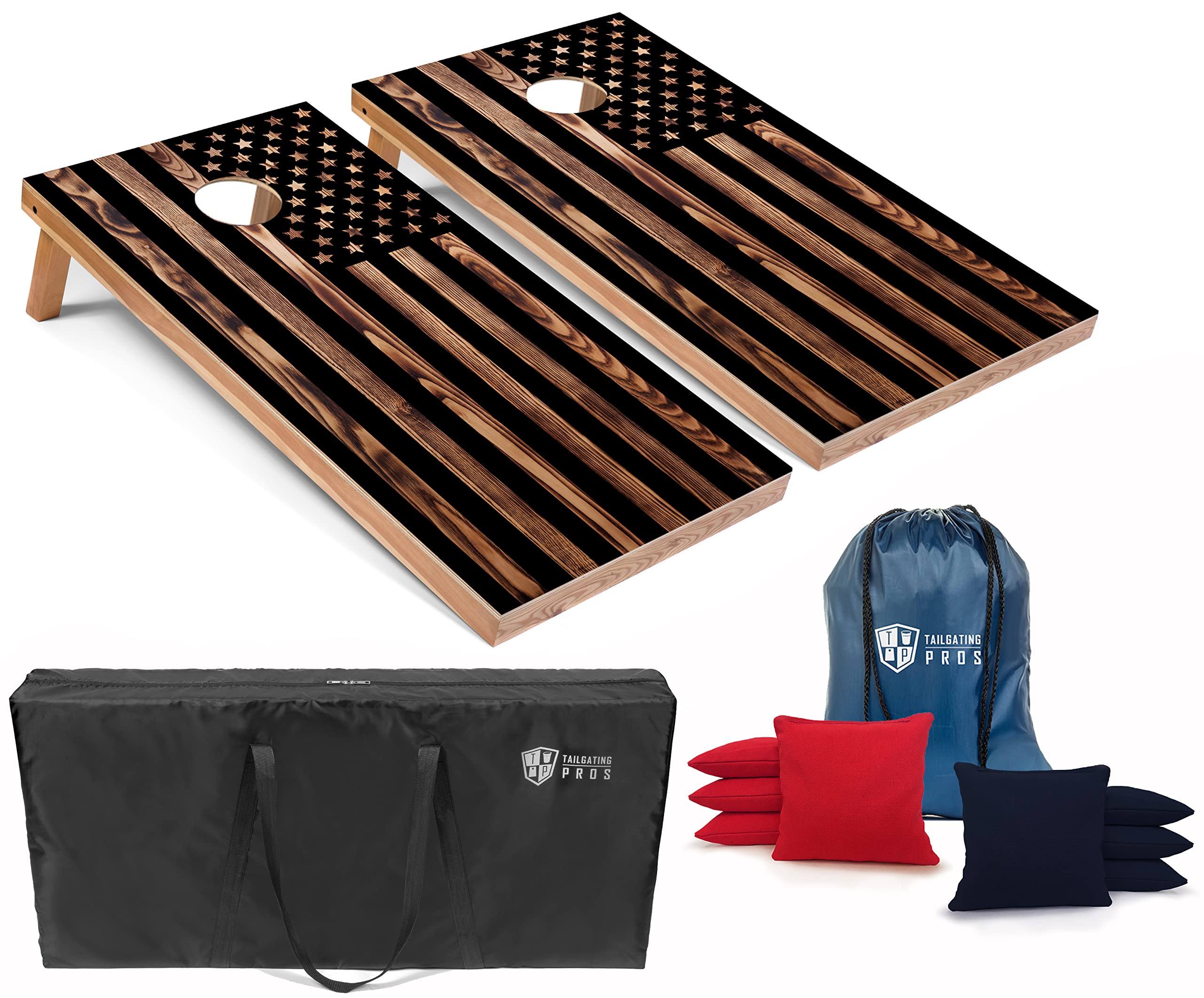 Tailgating Pros Corn Hole Board Set w/Bean Bags and Carrying Case -4'x2' Cornhole Toss -Tournament and Lightweight Options - Optional LED Lights Woodgrain Flag