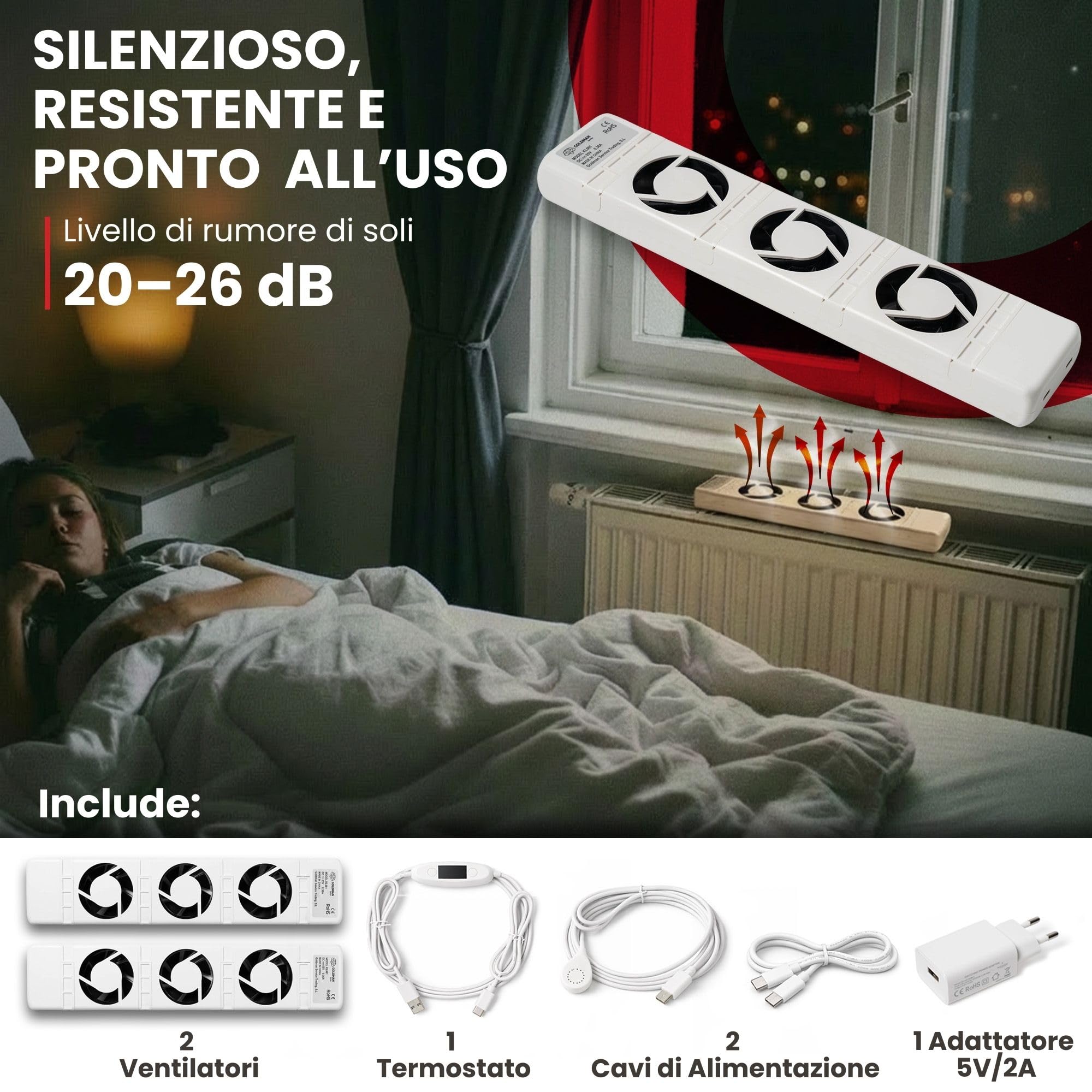 GOLDMAN SERVICE Ventilatore per termosifone intelligente, set doppio, termostato automatico, silenzioso, basso consumo, 3,6 W, distribuzione rapida del calore per radiatore di riscaldamento