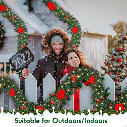 Miniatura 5 de Riceshoot 2 guirnaldas de Navidad preiluminadas de 9 pies con luces, plantas artificiales de vid de Navidad, funciona con pilas, 220 luces LED,