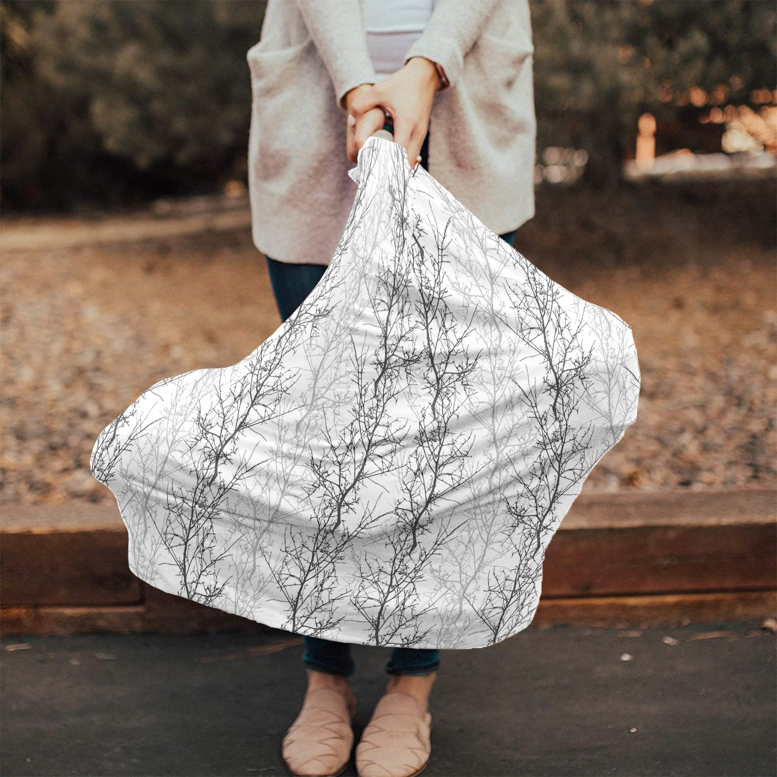 Nursing Cover for Breastfeeding Scarf, Grey Tree Branches Print Farmhouse Baby Car Covers Super Soft Multi Use for Canopy Shopping Cart Cover Blanket Stroller Cover