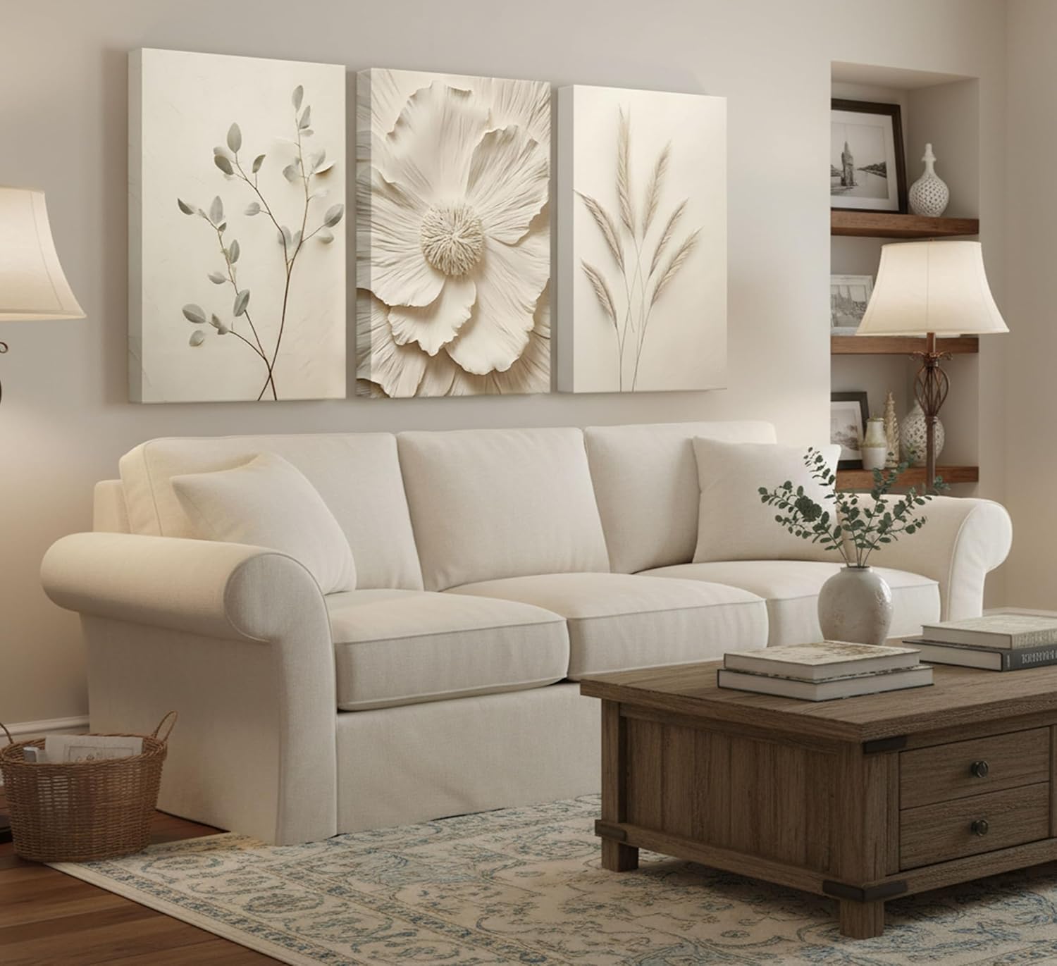 3Pcs Neutral Beige Floral Plant Canvas Wall art Textured Flower Botanical Painting Picture Wall Decor Vintage Blossom Poster Prints for Living Room Bedroom Bathroom Decoration