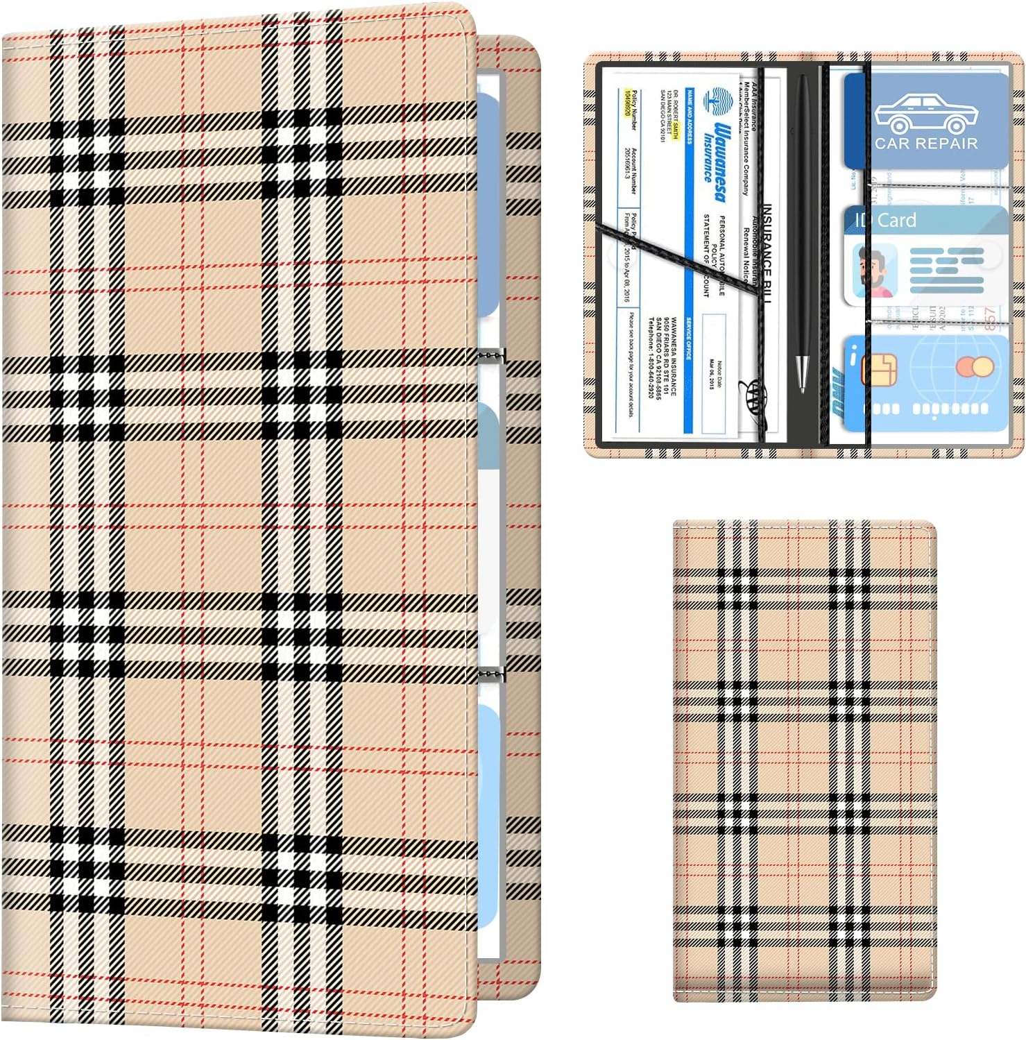 Leather Car Registration and Insurance Holder, Premium Vehicle Glove Box Car Organizer with Magnetic Shut, Cute Interior Car Accessories Luxury Plaid