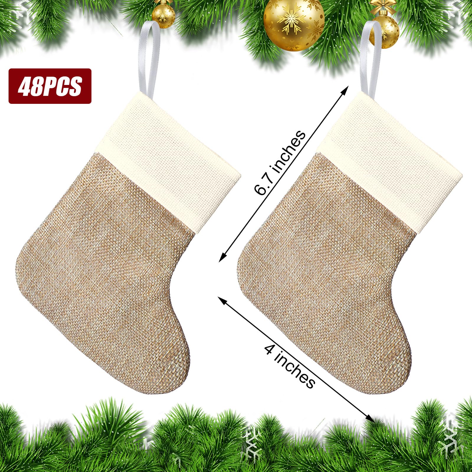 Lot de 48 chaussettes de Noël en toile de jute naturelle pour cheminée, cadeaux à suspendre, décoration de Noël, décoration de cheminée, arbre de Noël, décoration artisanale, 10,2 x 17,9 cm
