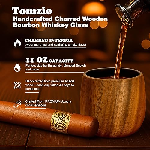 Miniatura 2 de Vaso de whisky de madera carbonizada, vaso de whisky de acacia prémium de 11 onzas, 2 piedras y 1 molde de bola de hielo, vidrio carbonizado a la