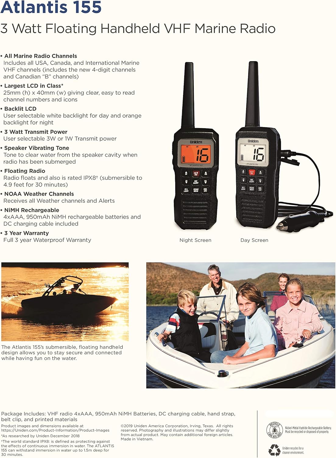Authentic Crazy Deals Uniden Atlantis 155 Handheld Two-Way VHF Marine Radio, Floating IPX7 Submersible Waterproof, Dual-Color Screen, All USA/International/Canadian Marine Channels, NOAA Weather Alert, 10 Hour Battery