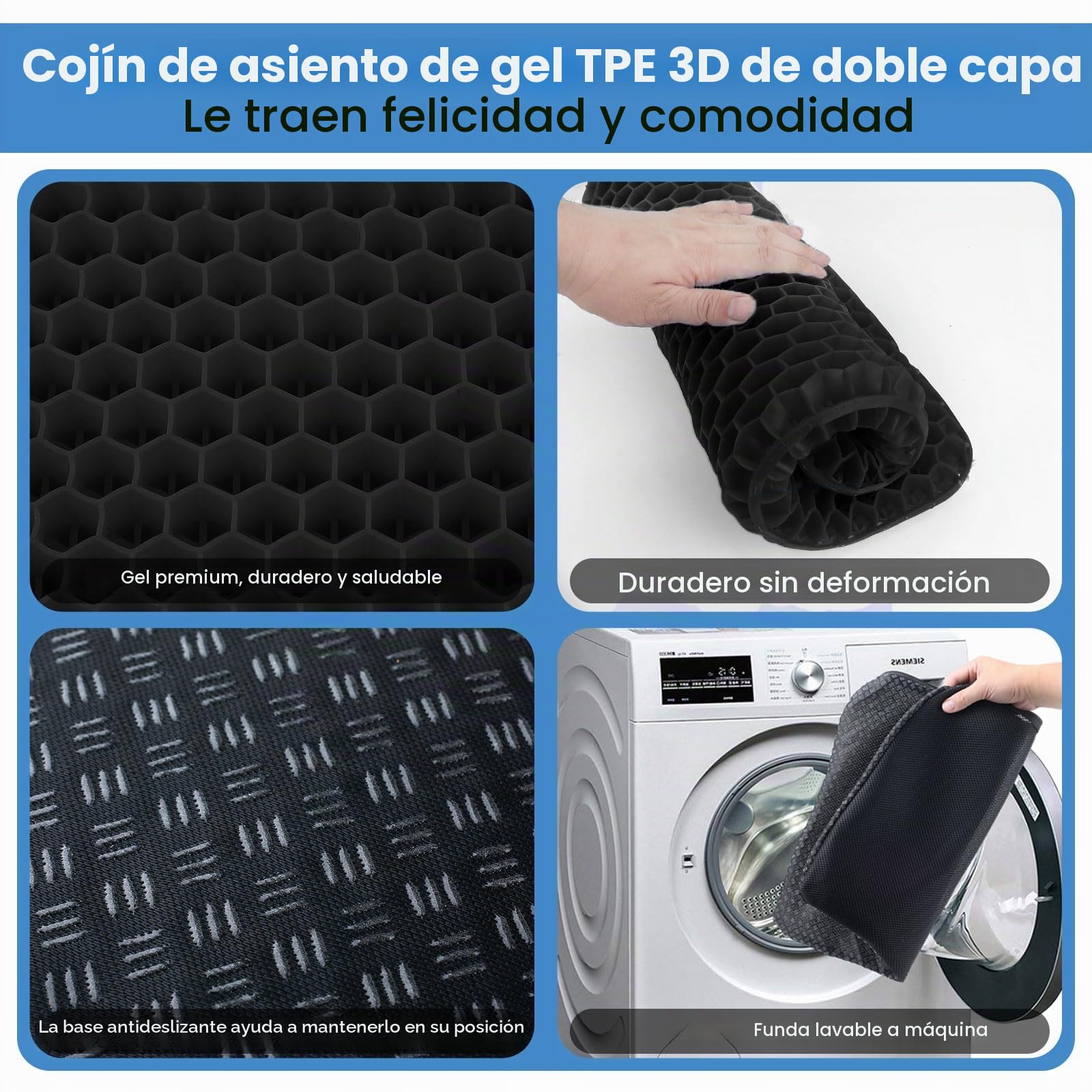 cojín de Gel，Asiento de Gel cojin Silla Oficina，Asiento para coxis ortopedico，Ideal para Coche, Oficina y Silla Ruedas
