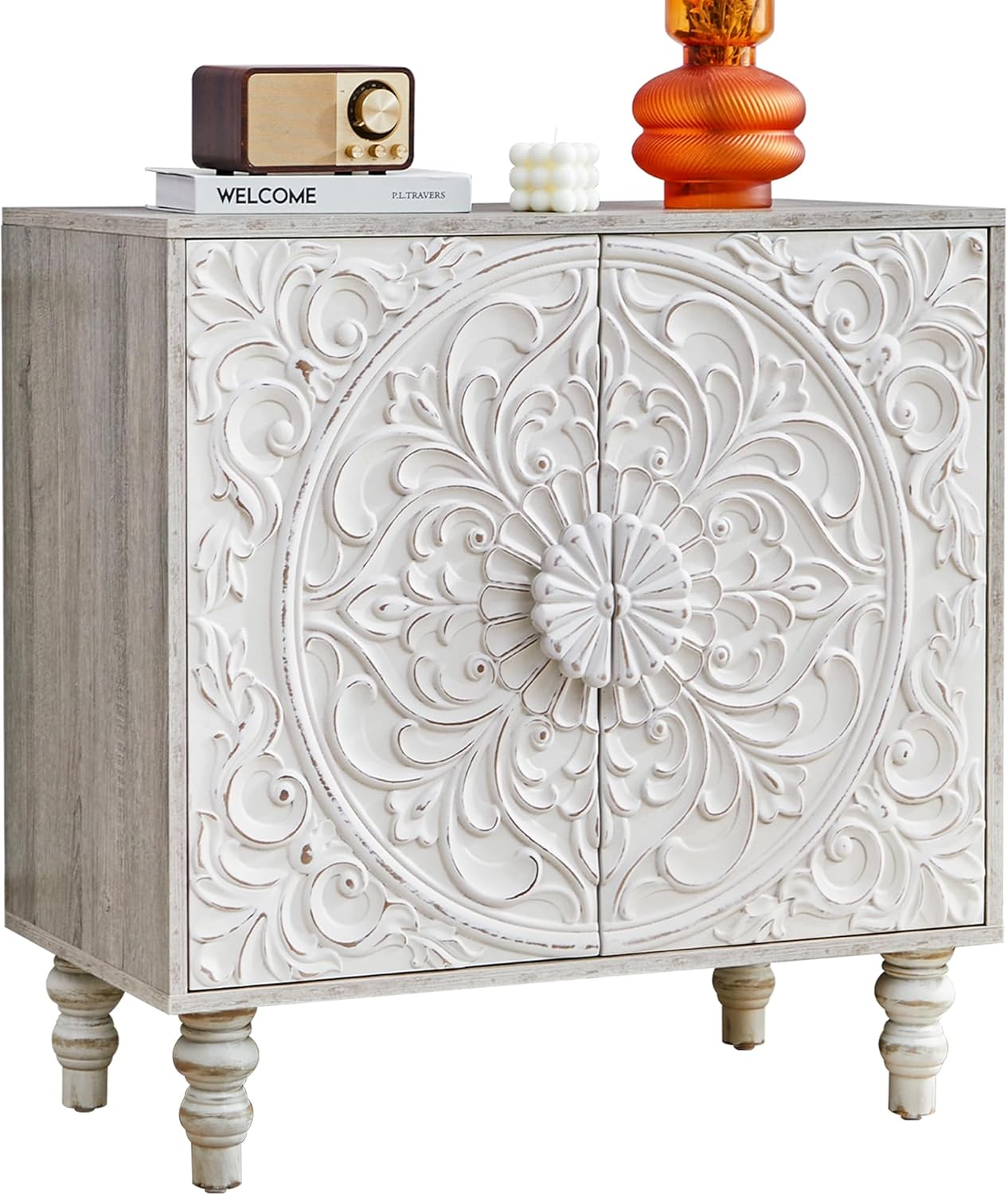 BERRYMERRY Vintage Accent Storage Cabinet with Storage,French Style Sideboard Buffet Cabinet with 2 Flower Carved Doors & Distressed Design for Living Room,Hallway,Dining Room (White 1)