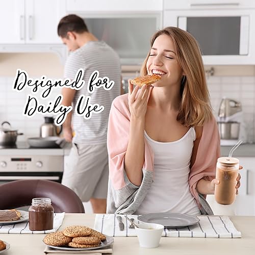 Miniatura 8 de Vasos para beber de 18 onzas, con tapas de bambú y pajitas de vidrio, juego de 4, para bebidas mixtas, cócteles, cerveza, café helado, té, jugo