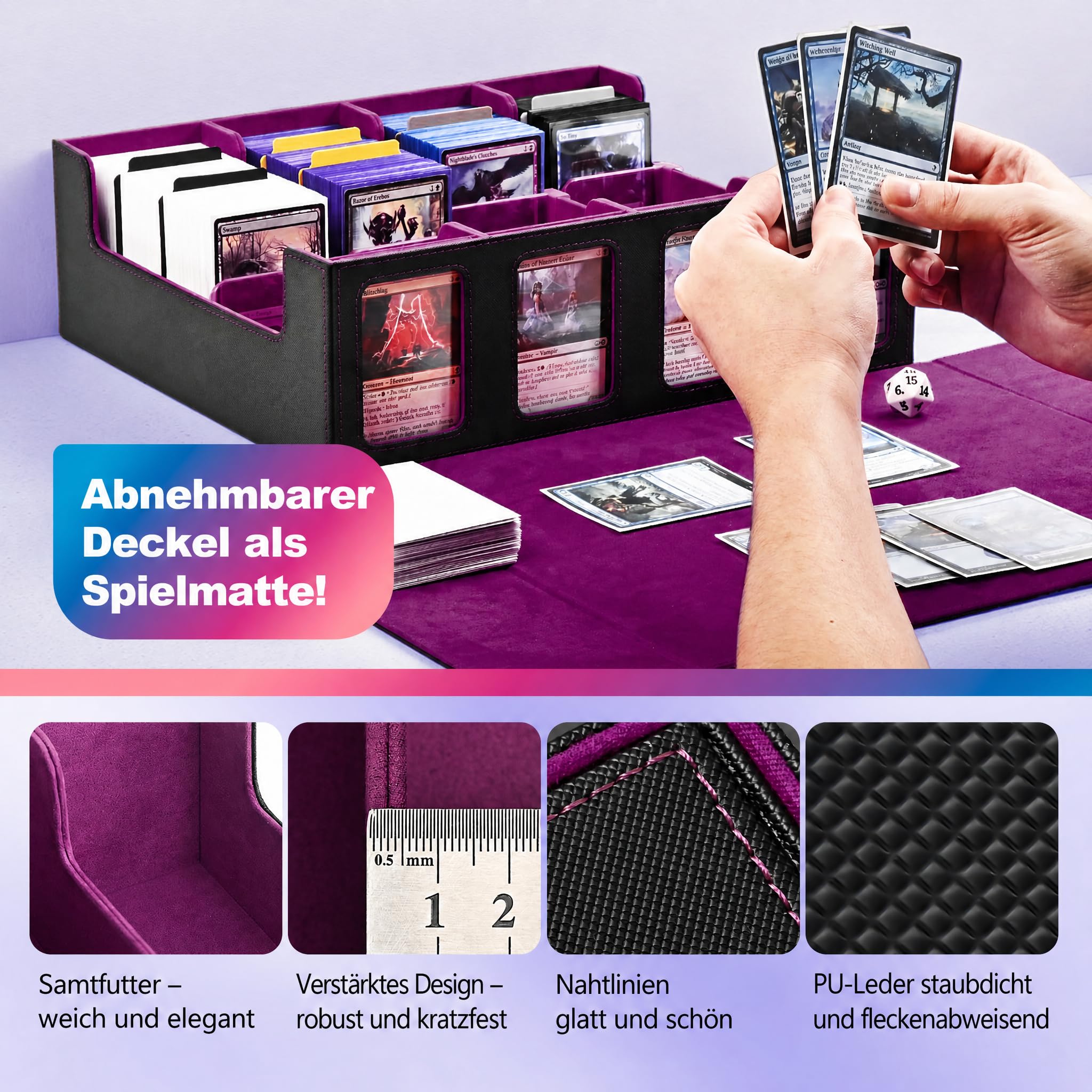 UAONO Trading Card Storage Box für Commander Display, 2400+ MTG Deck Box mit 4 Top Loaders, TCG Card Case passend für Magic PTCG Sports Cards（Schwarz&Lila）