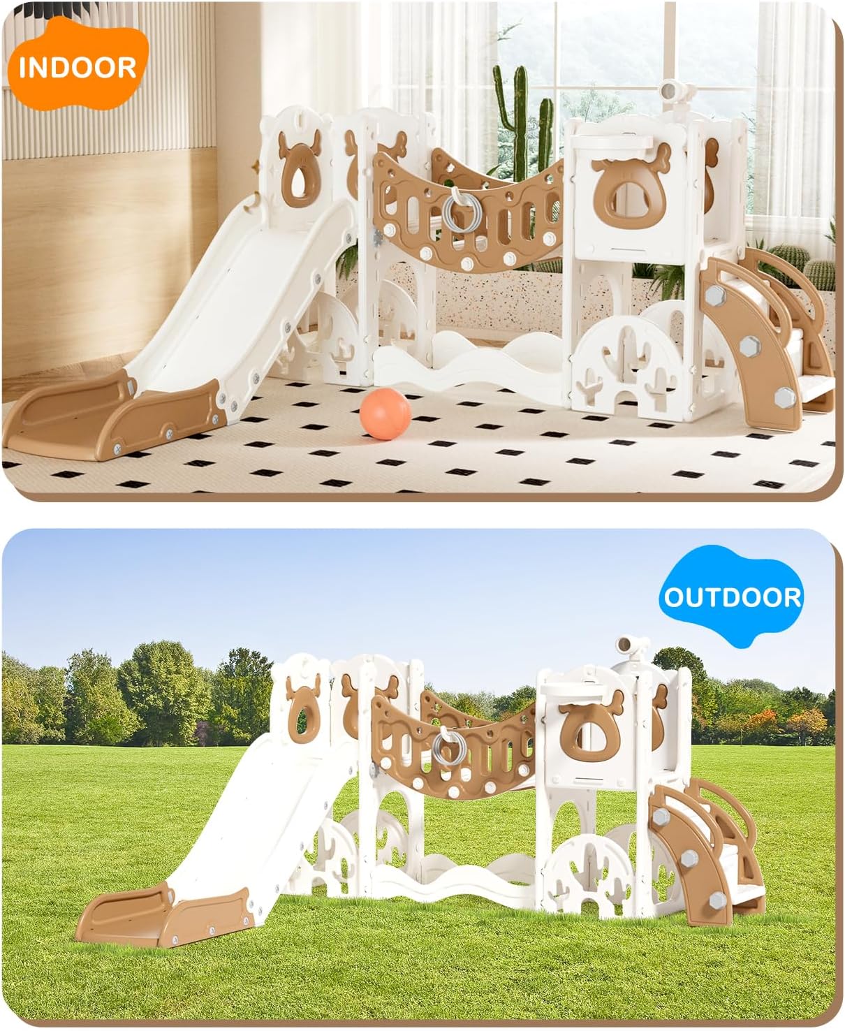 XJD Toddler Slide,11 in 1 Kids Slide for 1-3, Toddler Climbing Toys,New Upgrade with Golf Set, Basketball Hoop for Indoor Outdoor Playset (Brown White)