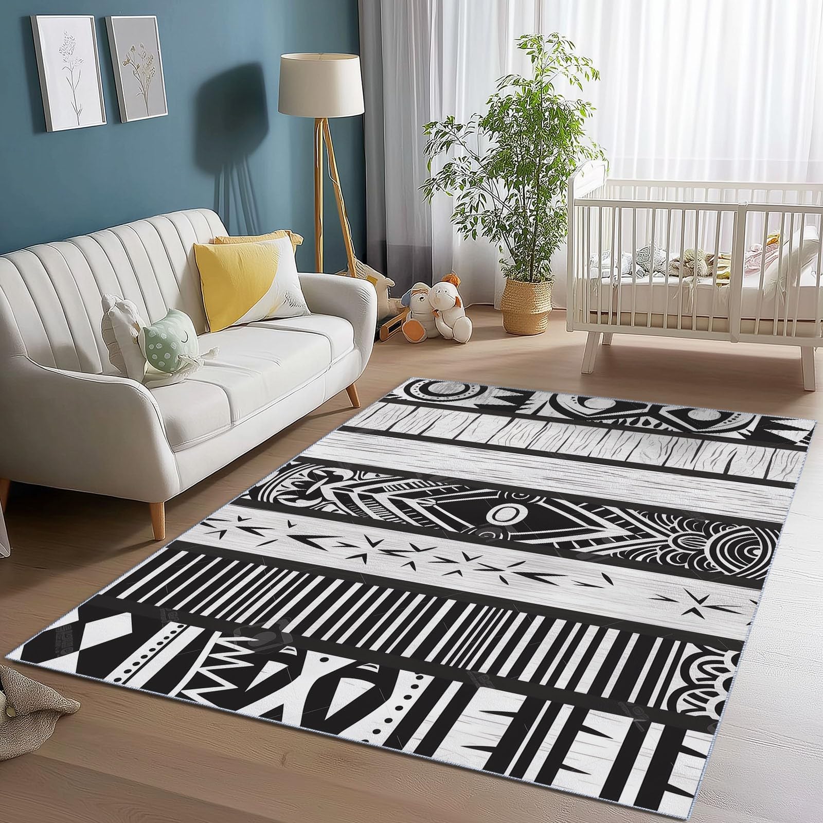 Tapis de salon noir blanc motif tribal fait main 50 x 80 cm