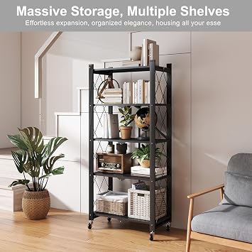 5 Tier Folding Shelf with Wheels,Metal Steel Collapsible Shelves