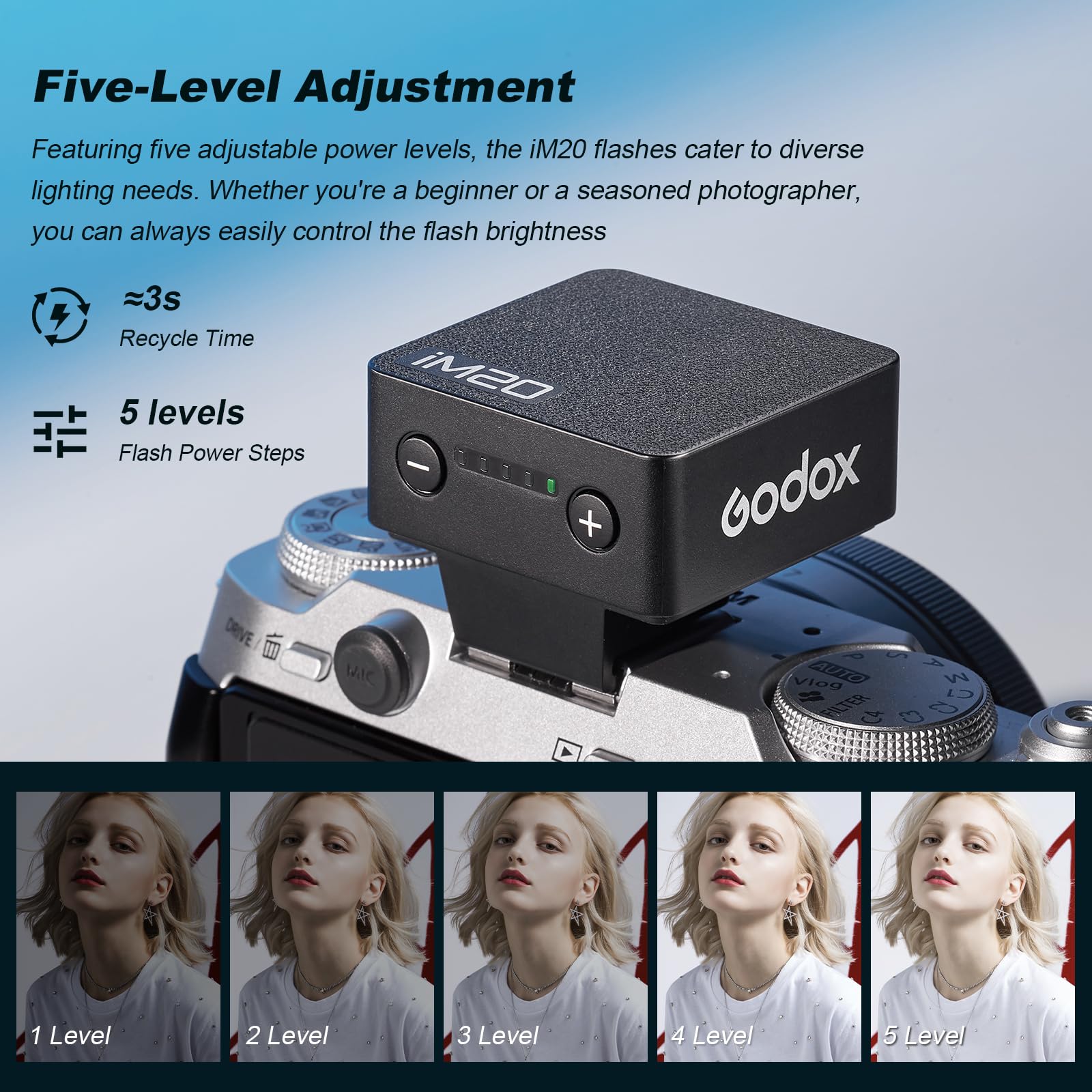 GODOX iM20 - Mini flash per fotocamera, 5 livelli di potenza del flash, 6000 K ± 200 K, mini flash con cupola di diffusione