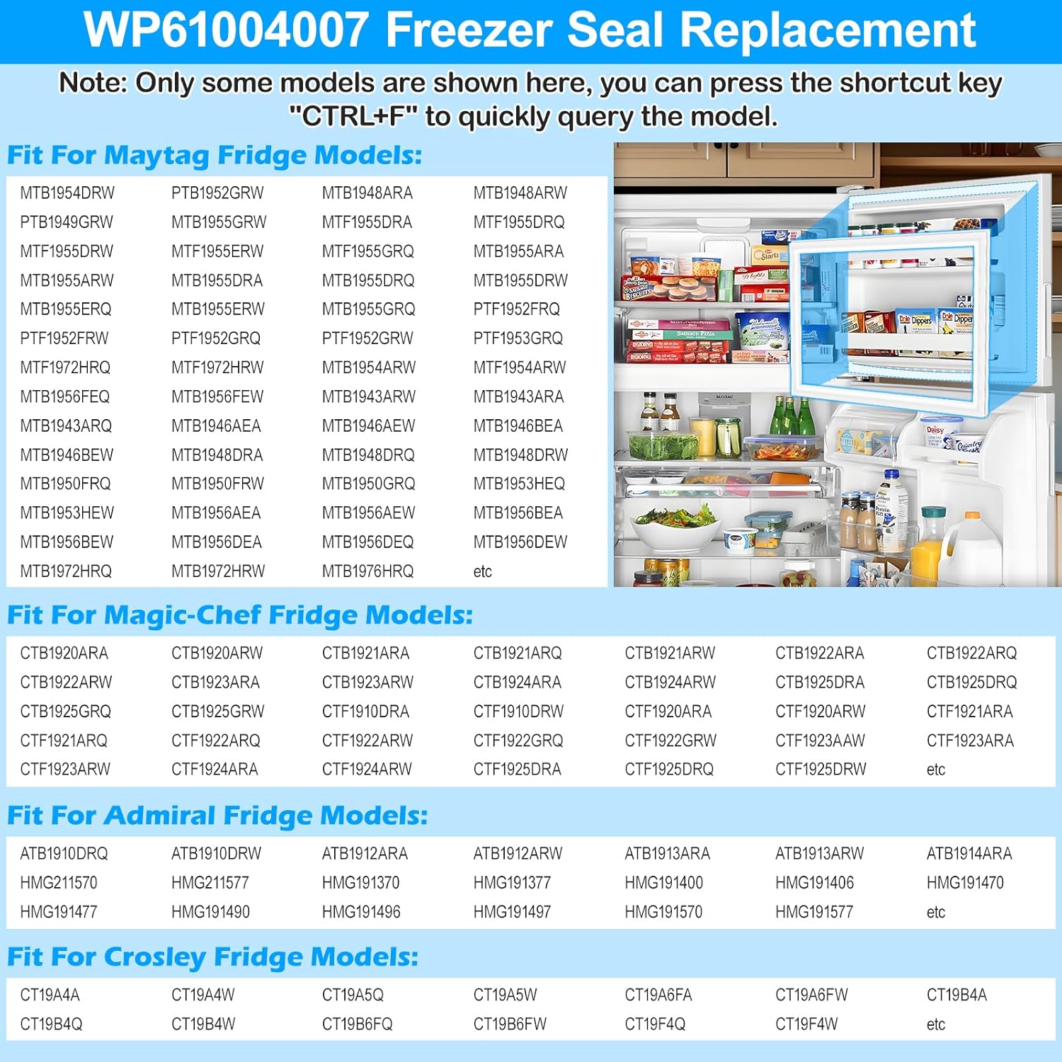Upgraded WP61004007 Freezer Door Gasket Compatible with Whirlpool Freezer Door Seal 61002054 61004007 Maytag Refrigerator Door Gasket For Magic Chef Admiral Crosley Fridge Freezer Seal Replacement