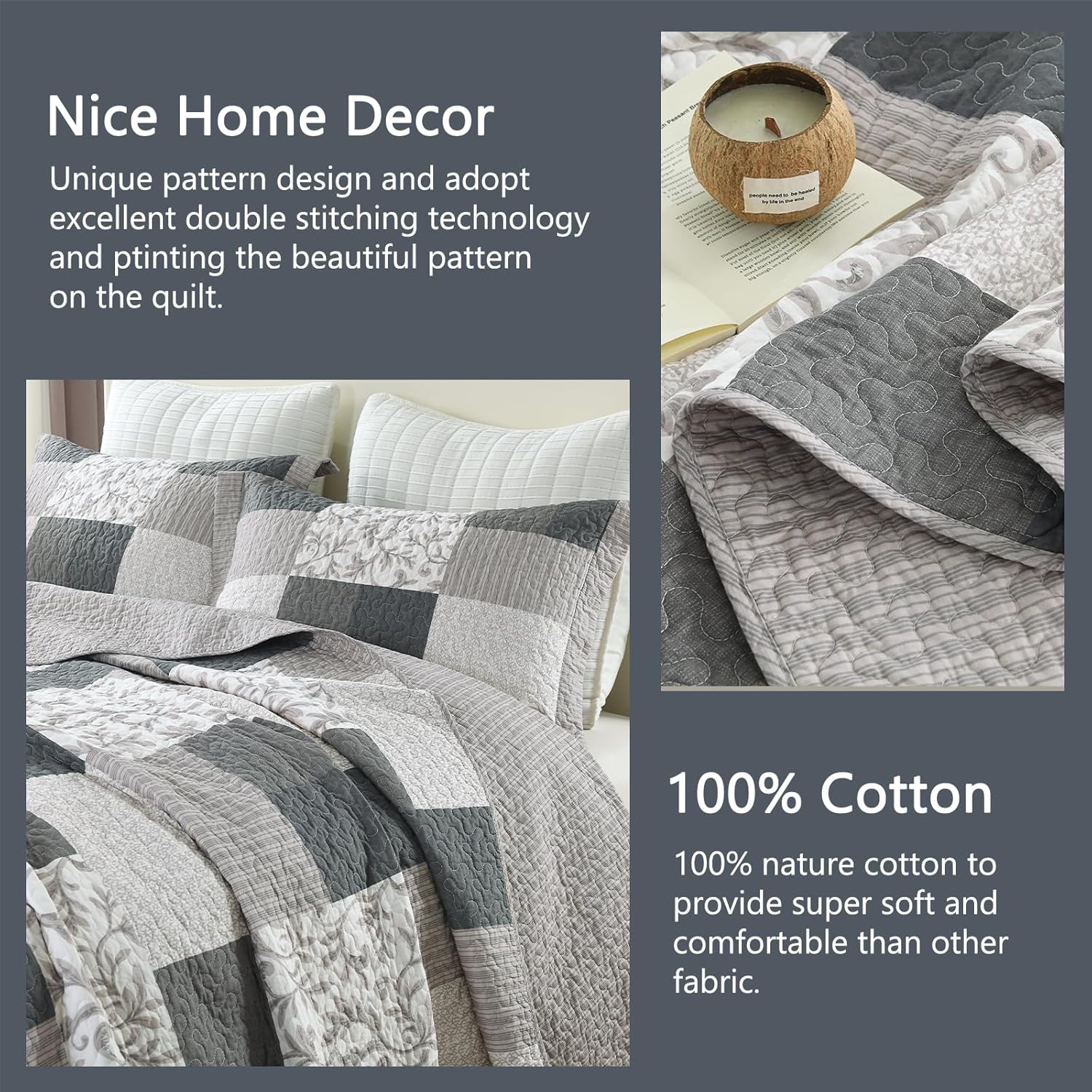 Finlonte King Quilt Bedding Set - 100% Cotton Quilts, Plaid King Size Quilt, Farmhouse Botanical Quilt Sets, Lightweight Bedspread Coverlet for All Seasons, 3 Piece, 98"x106" - Image 4