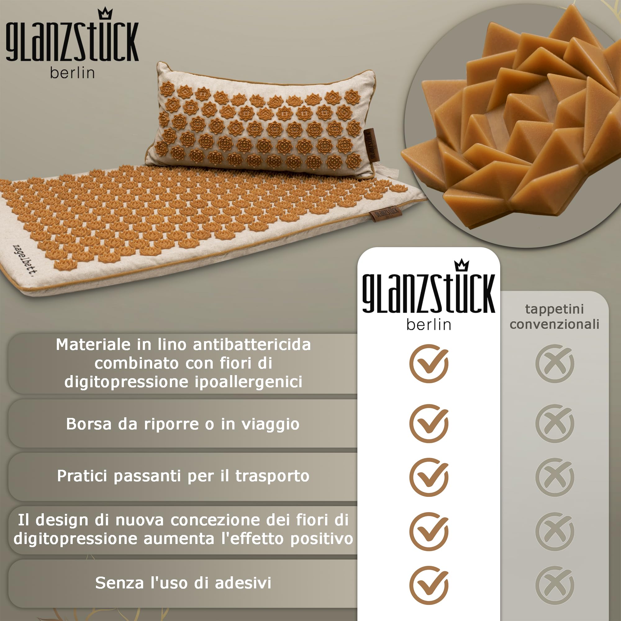 Glanzstück Berlin® Health Collection: Set di tappetini per agopressione XL originale in lino, aiuto in caso di tensioni, mal di schiena, tappetino massaggiante con cuscino (funzione termica) e