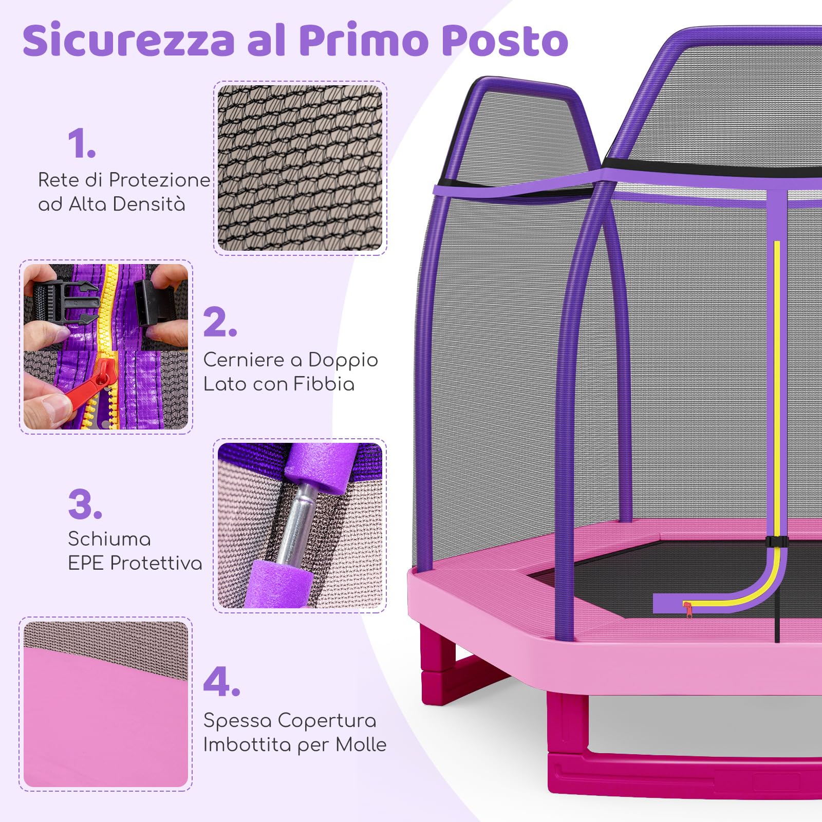 COSTWAY Trampolino Elastico per Bambini 223 cm, Tappeto Elastico per Bambini da Esterno ed Interno con Rete e Cuscinetto a Molle, Portata150 kg, Adatto ai Bambini 3+ Anni