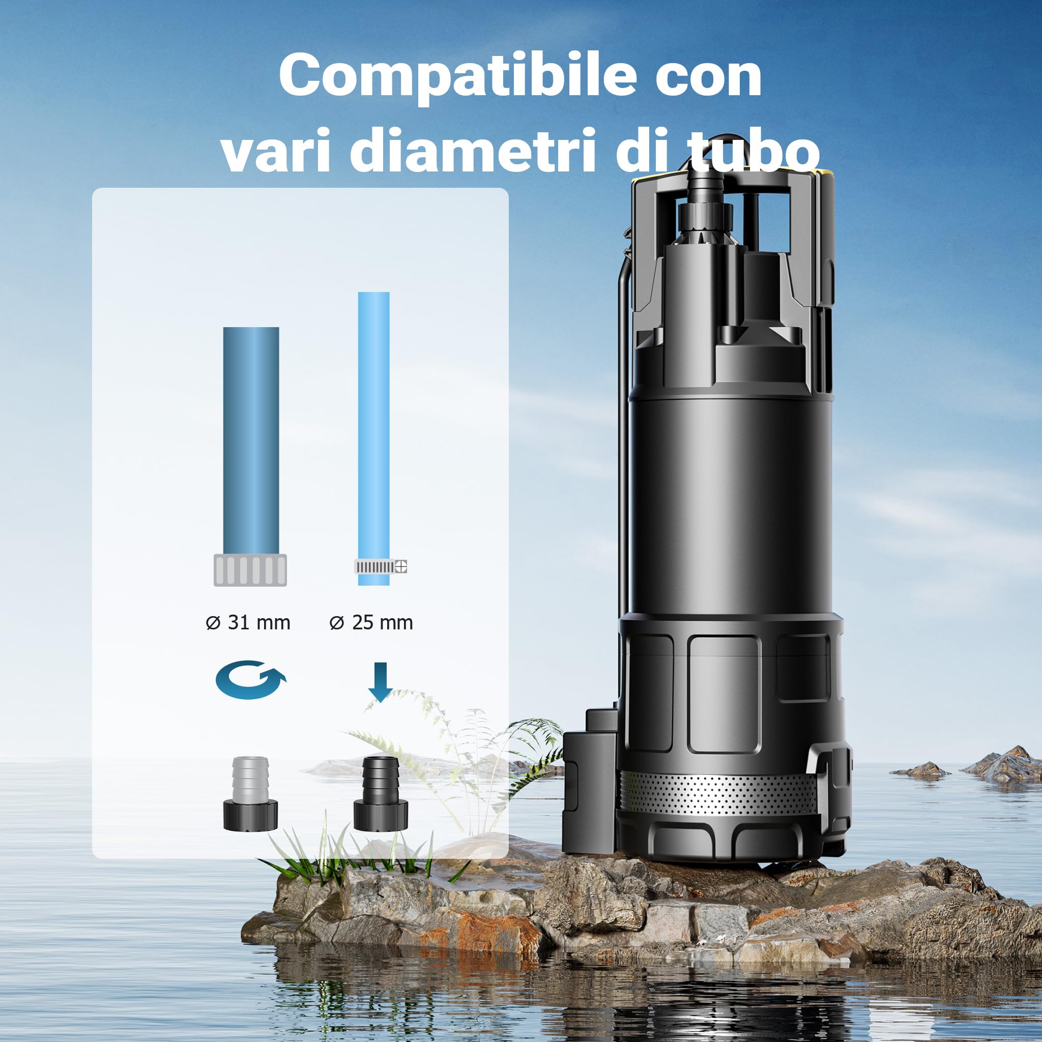 Wiltec Pompa sommersa, 1200W 6000 l/h, profondità max 7 m, Elettropompa a immersione per pozzi e cisterne
