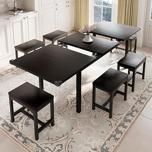 Miniatura 2 de Feonase Juego de mesa de comedor de 7 piezas para 4-8 pulgadas, juego de mesa de cocina grande extensible de 63 pulgadas con 6 taburetes, mesa de
