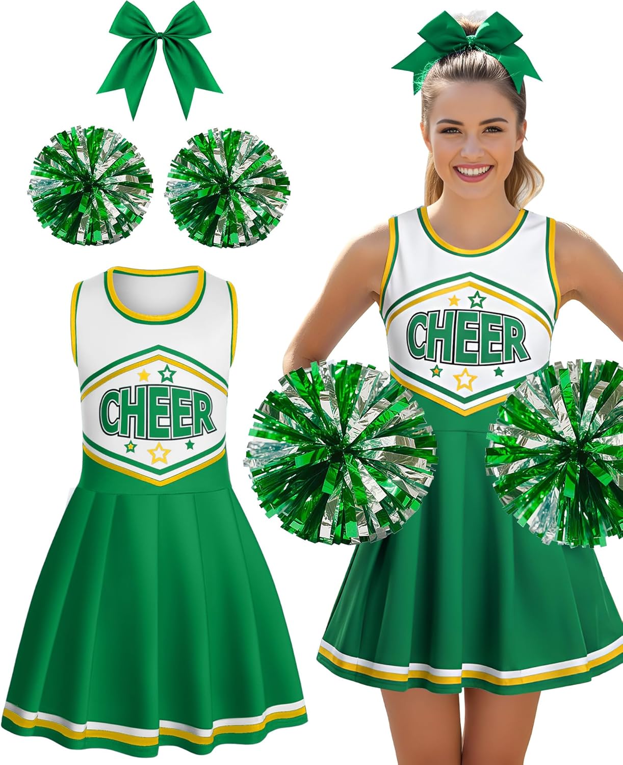 jenpen 3 pcs halloween cheerleader costume for women adult cheerleader outfit set cheerleading uniform dress for party green small