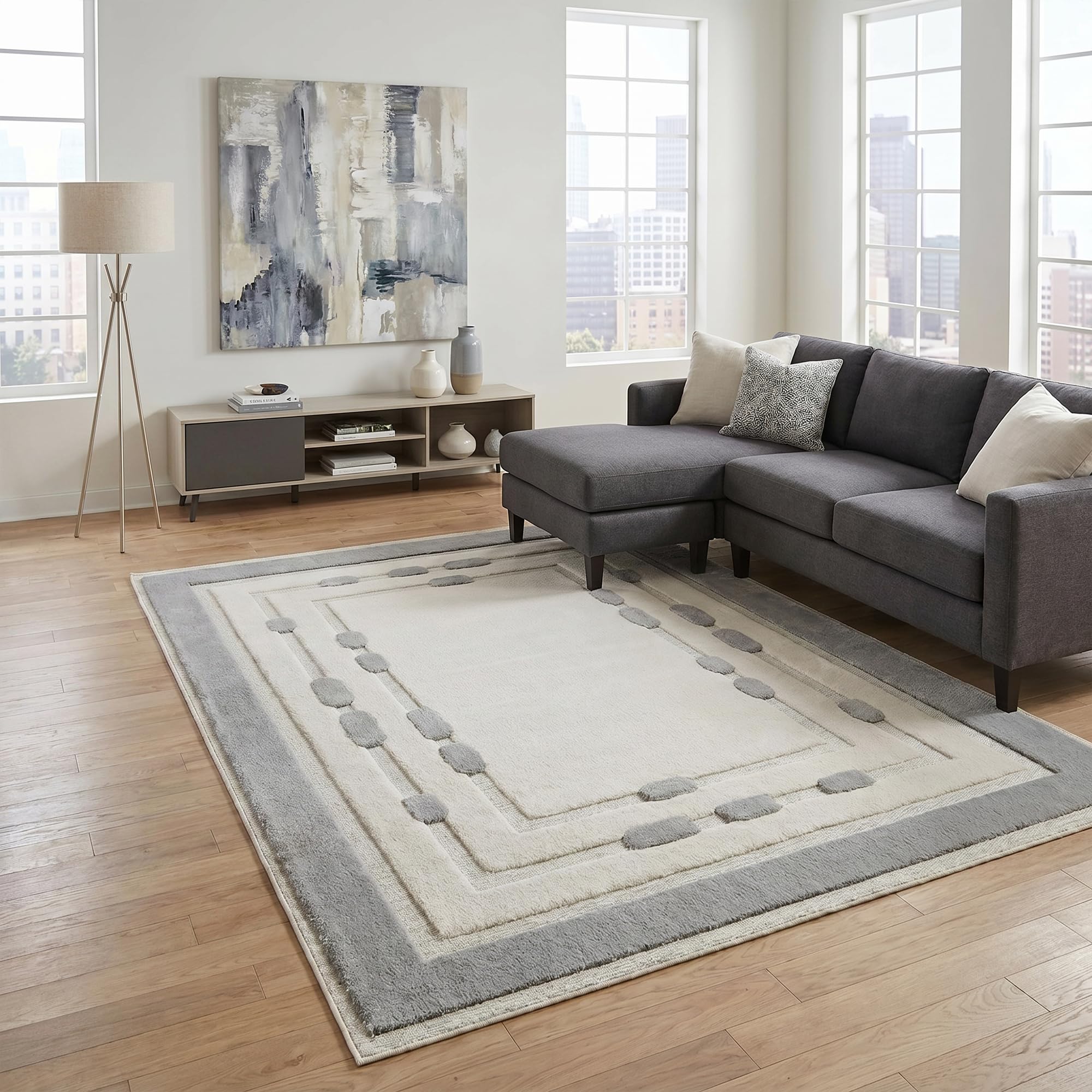 Rugs Haven Serenity Border Rug - Large Fluffy Area Rug Carpet Washable Soft Modern Indoor Shaggy Floor Rug for Living Room, Bedroom, Hallway, Lounge (Grey D3, 200x290 cm)
