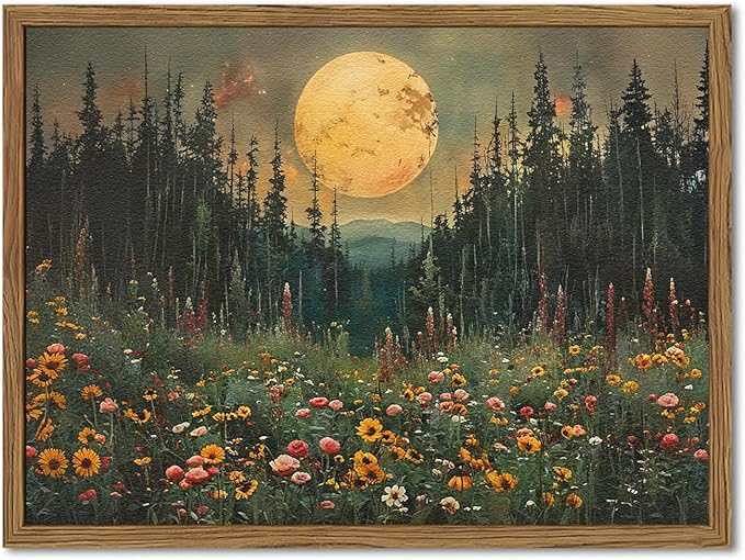 Vintage Farmhouse Wall Art, Rustic Floral Wall Decor Paintings, Twilight Firefly Artwork Painting Field Nature Landscape Canvas Prints for Bedroom Living Room 16x24 inch Wood Framed