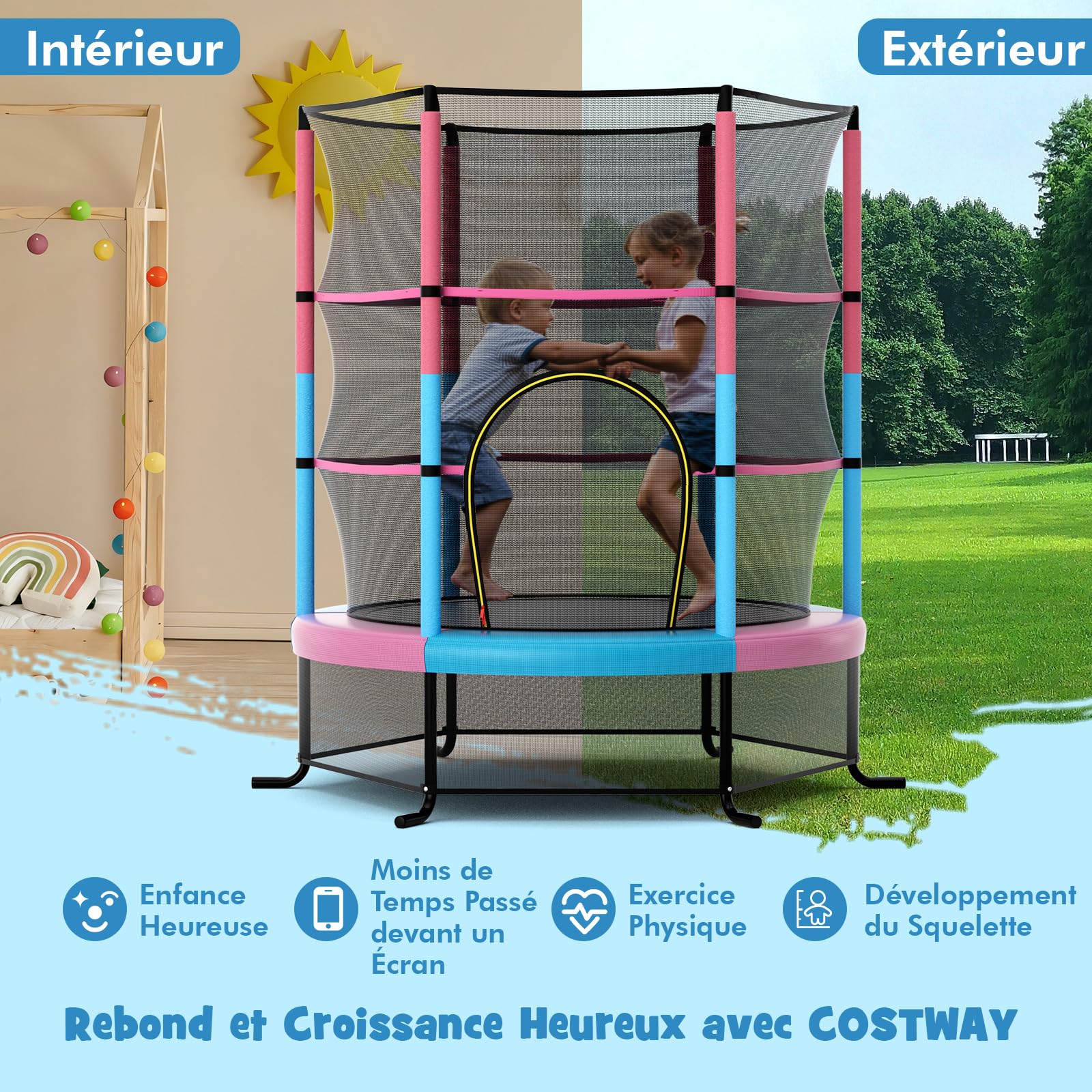 COSTWAY Trampoline Extérieur Enfants Ø165 CM avec Filet de Sécurité, Trampoline Enfants avec Cadre en Acier & 6 Poteaux Recouvert de Mousse, Charge Max 135kg pour Garçon et Fille…