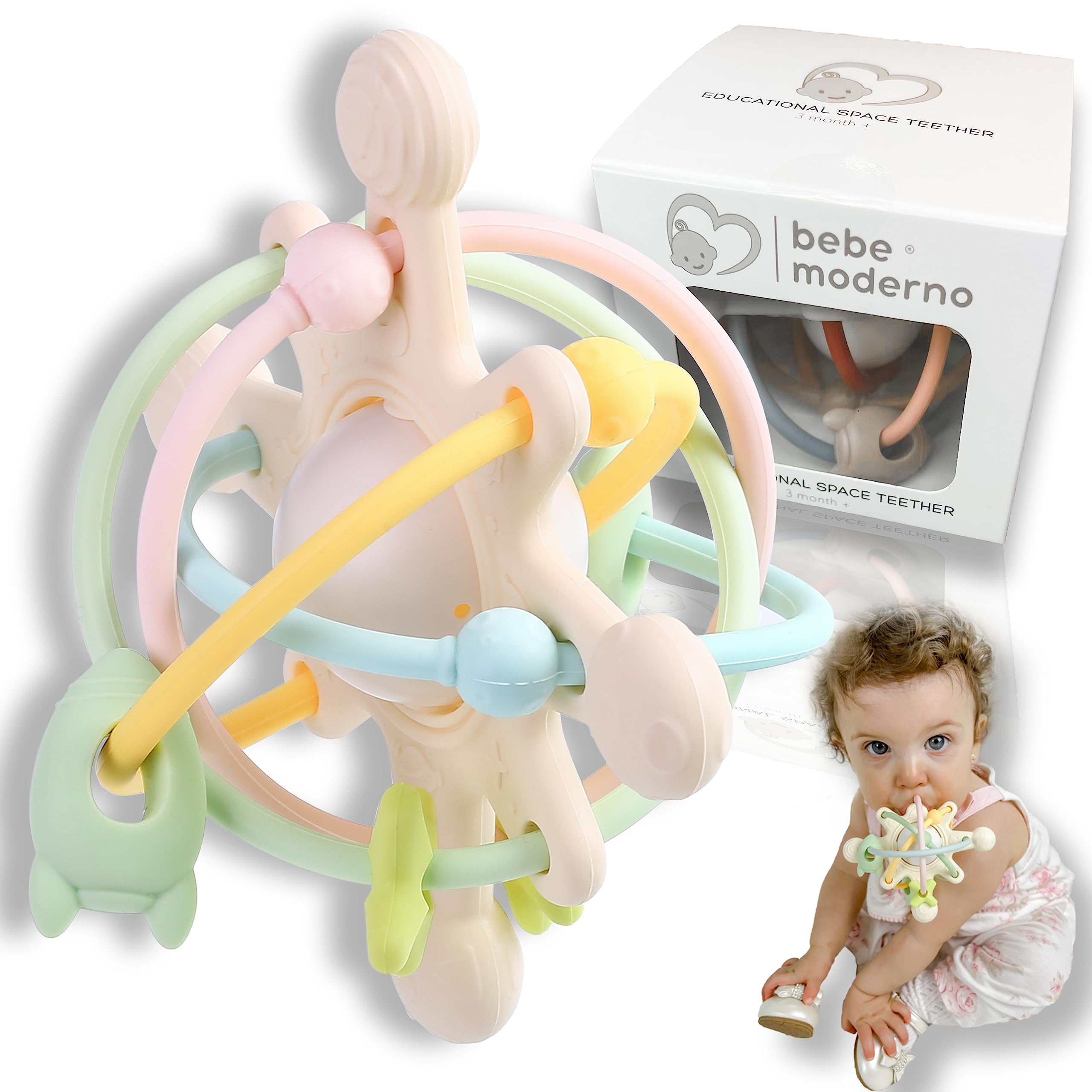 Educational Space Teether Ball - Baby Rings Teething Toys 0-6, Months with Rattle| Newborn Essentials & Baby Shower Gifts | BPA Free Teething Relief for Infants | Daycare Must Have Baby Toy (Pastel)