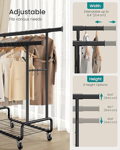 Miniatura 4 de SONGMICS Perchero de Ropa, Perchero de Ropa Rodante de Servicio Pesado con Ruedas, Barras Colgantes Dobles Extensibles y Altura Ajustable, Portátil,