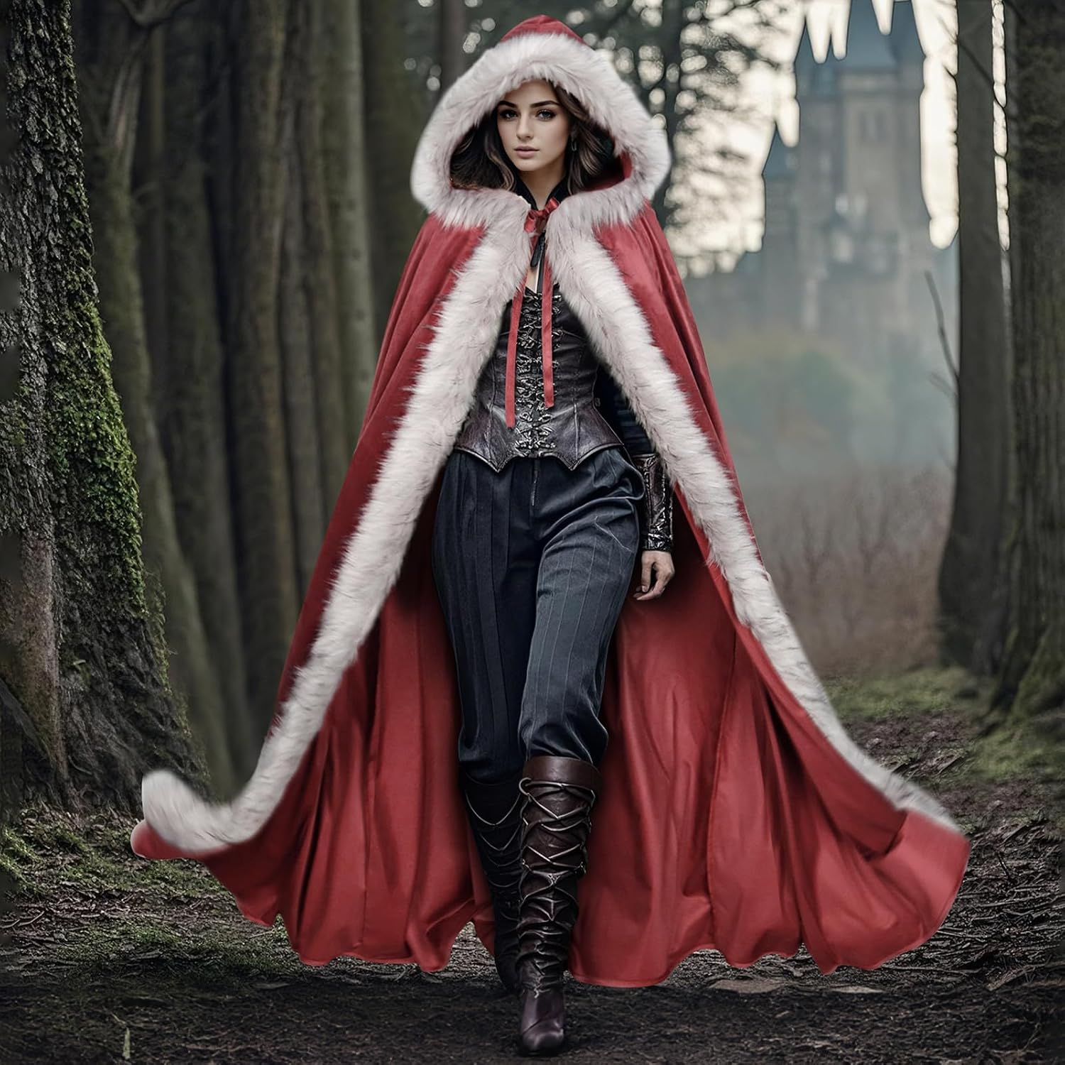 L'VOW Viking Fur Cloak with Hood Fur Hooded Cape for Women Men Ren Faire Medieval Cosplay - Image 3