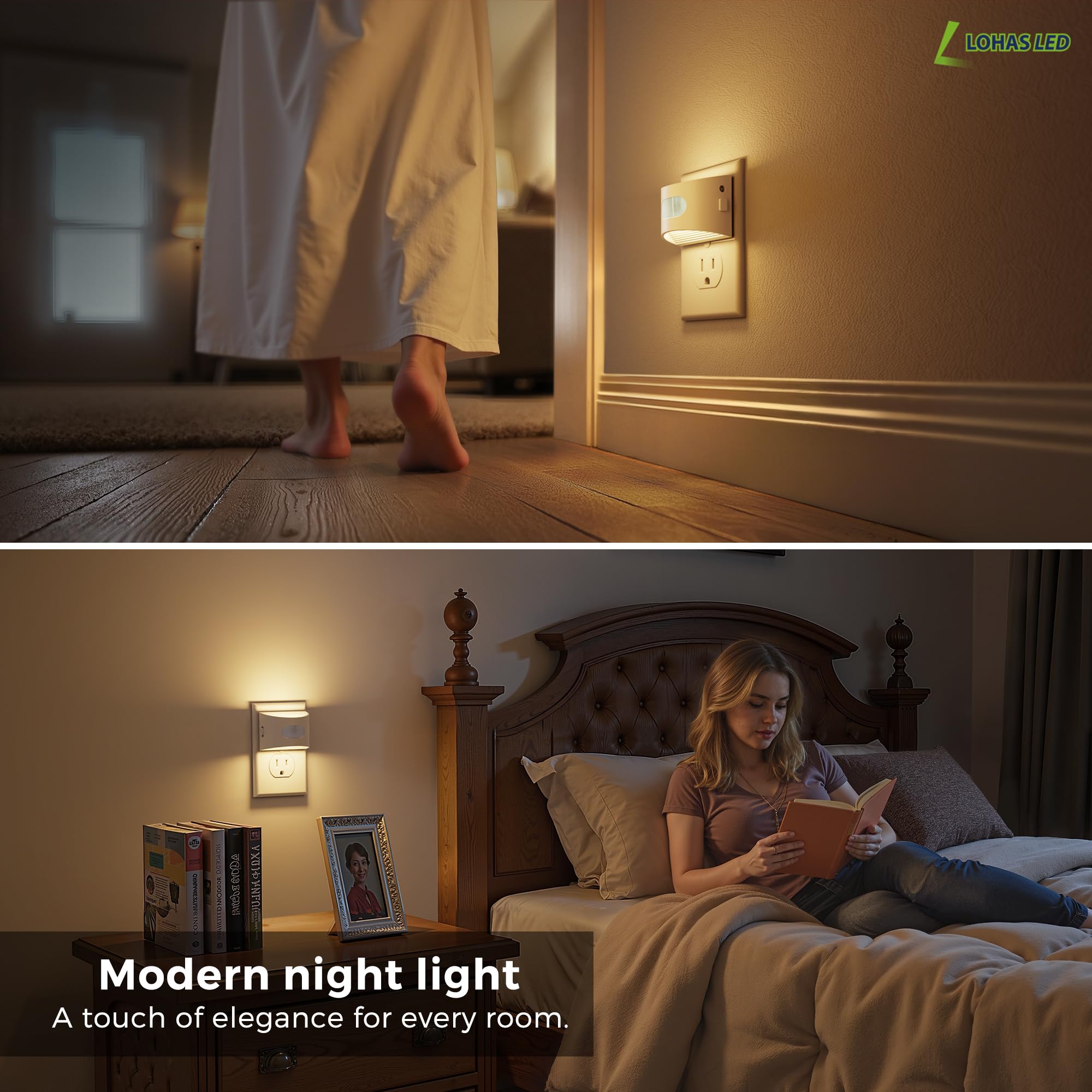 L LOHAS LED-Nachtlicht mit Bewegungsmelder, Bewegungsaktiviertes LED-Nachtlicht, Wandstecker-Nachtlichter mit einstellbarer Helligkeit 30-100 lm, 3000 K, weiches Weiß