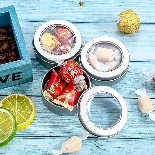 Miniatura 4 de TecUnite Paquete de 12 latas de metal de 2 onzas redondas vacías con tapa transparente para cocina, oficina, velas, dulces
