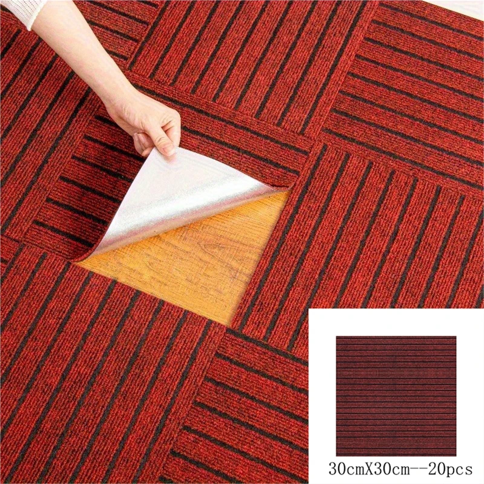 Teppichfliesen Selbstliegend Schlafzimmer- und Wohnzimmerteppich, pflegeleicht, 30 x 30 cm, selbstklebend, mit wasserabsorbierender Oberfläche und Verbindungsstücken(Red-10pcs)