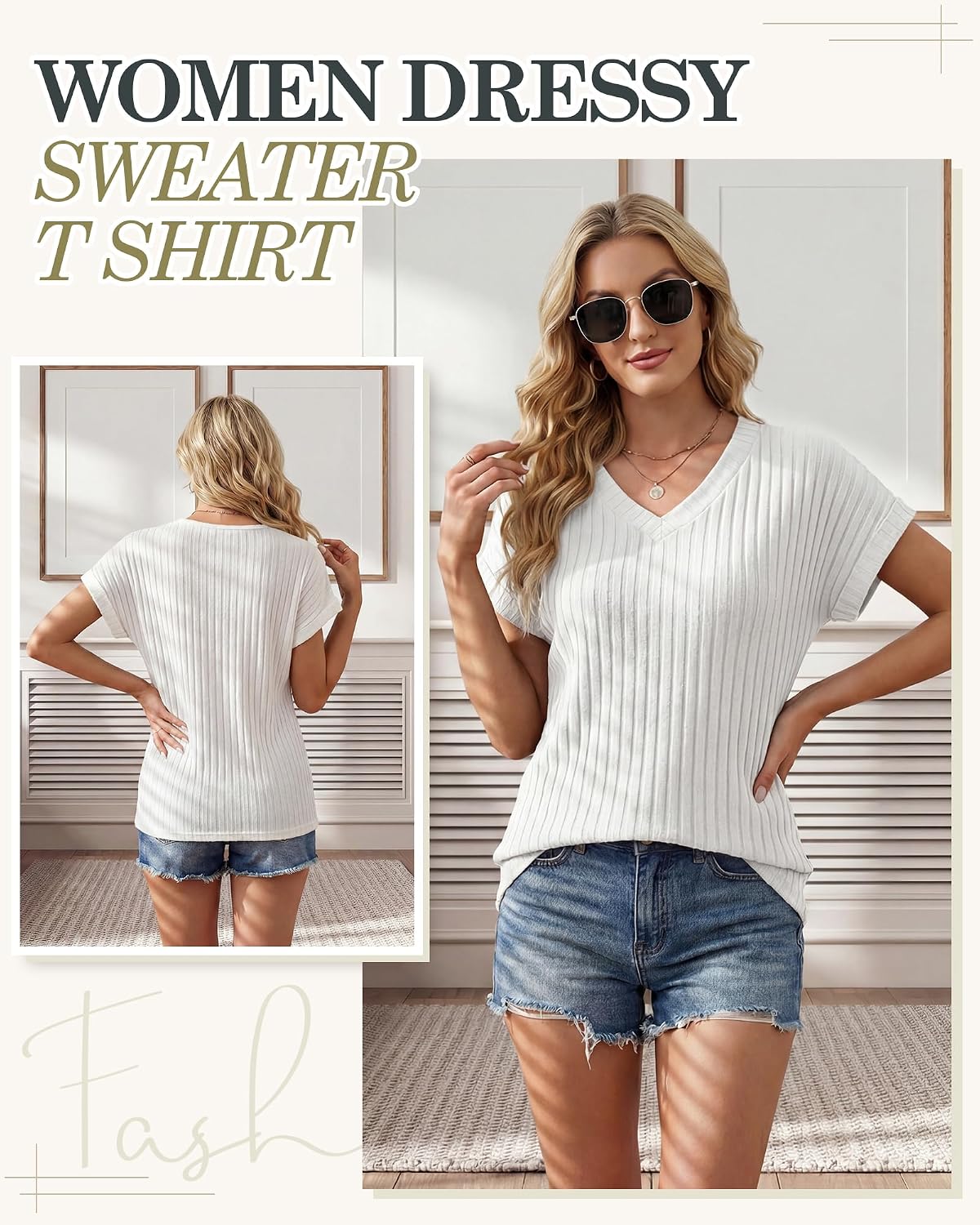 3 Pcs Women Summer Short Sleeve Shirt Ribbed V Neck Casual Top Shirts 2026 Summer Spring Loose Fit Lightweight Top