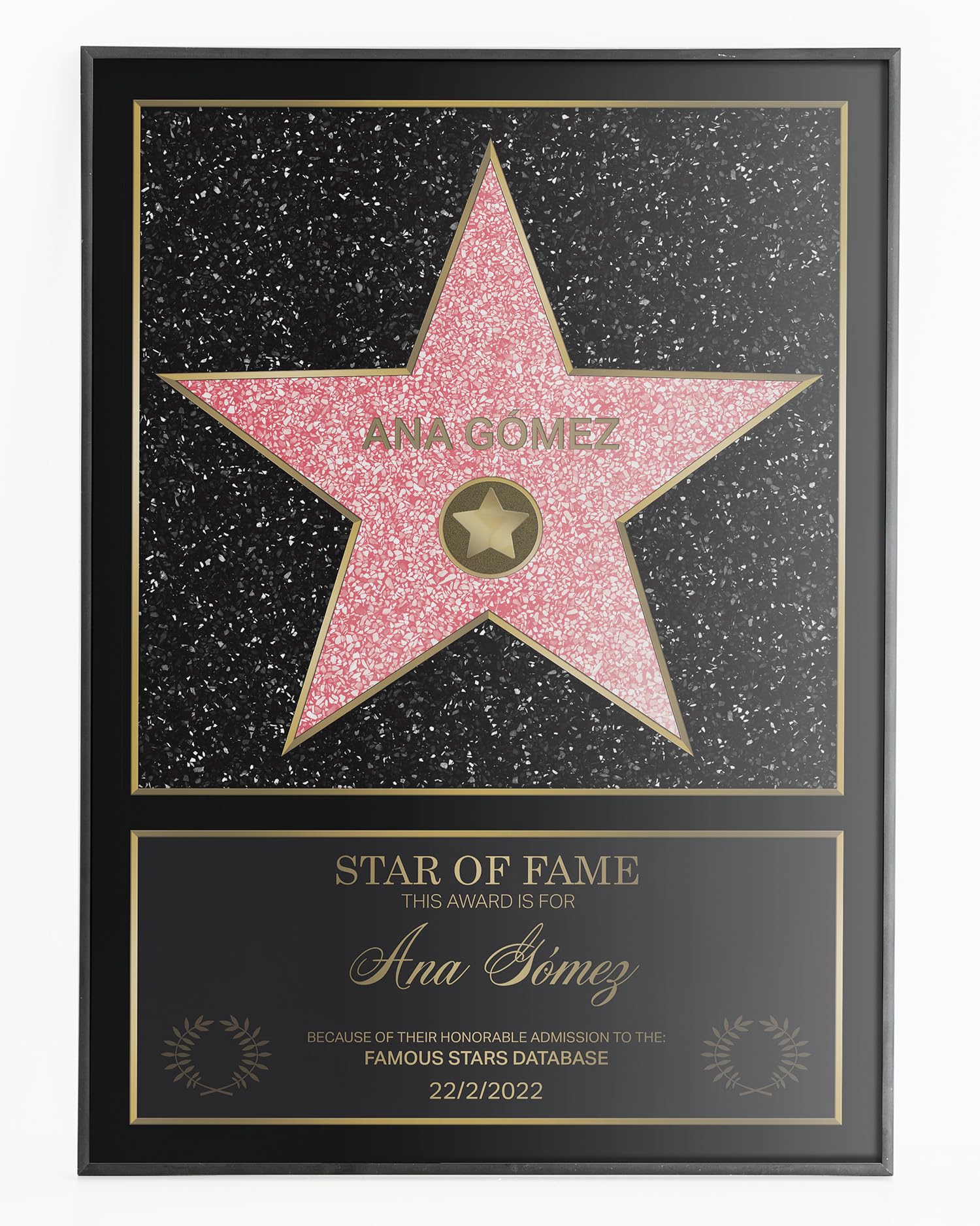REGALOCREATIVO Hollywood Star of Fame 35x50 cm. Stella Personalizzata con Certificato Walk of Fame. Regali Originale. Quadro fabbricato en Metacrilato con Cornice.