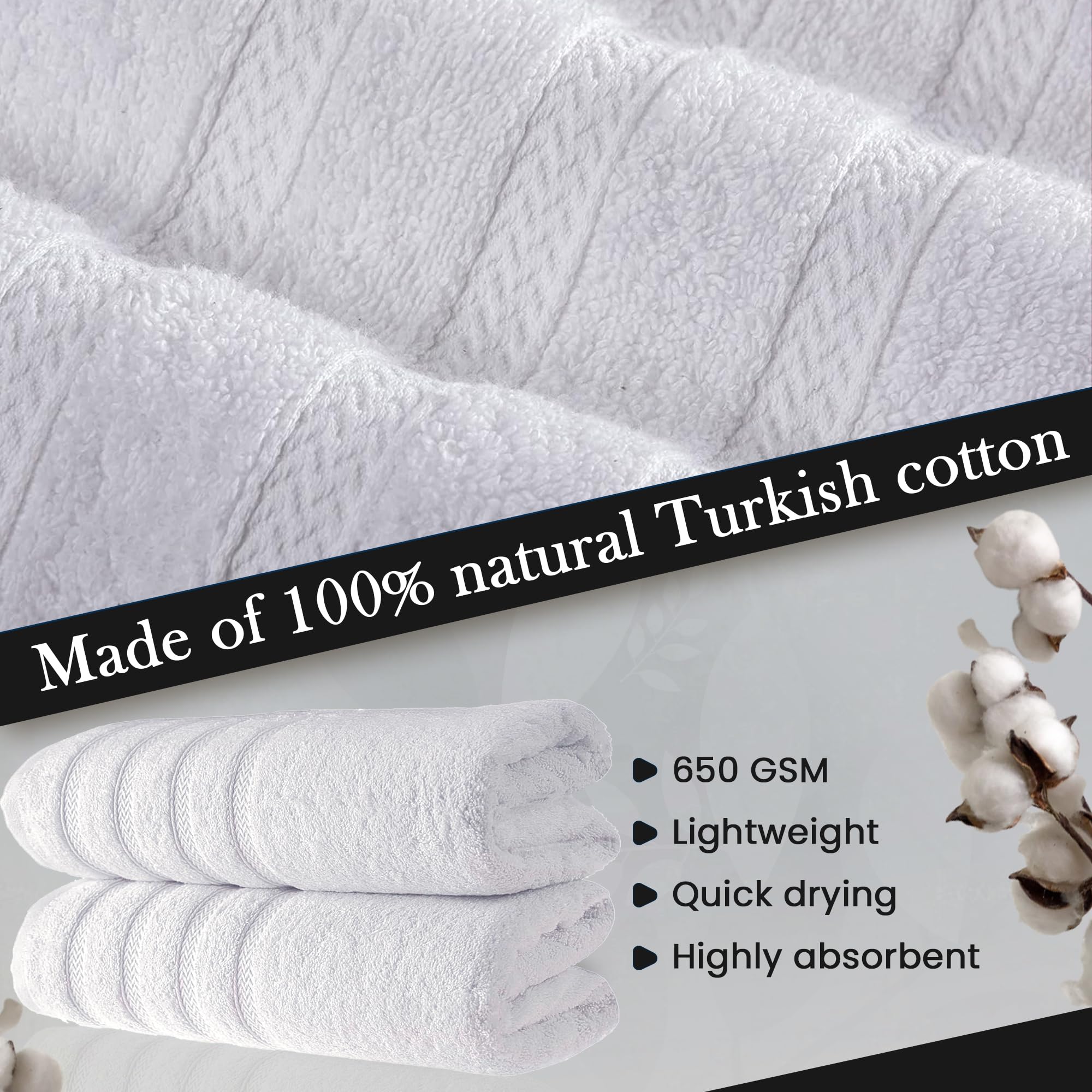 HALLEY Turkish 4 Pack Premium Bath Towels (4 Pieces) 650 GSM Highly Absorbent Super Soft 100% Cotton - 4 Bath Towels (White)