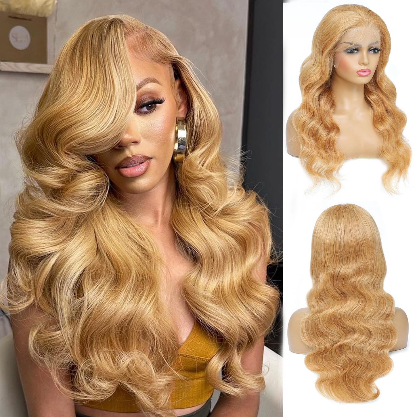 Honey Blonde Wig Human Hair 13x6 Body Wave Hd Lace Front Wigs Human Hair Pre Plucked 27# Colored Blonde Lace Frontal Wig 180% Density Real Hair Wavy Human Lace Front Wigs For Black Women 30Inch