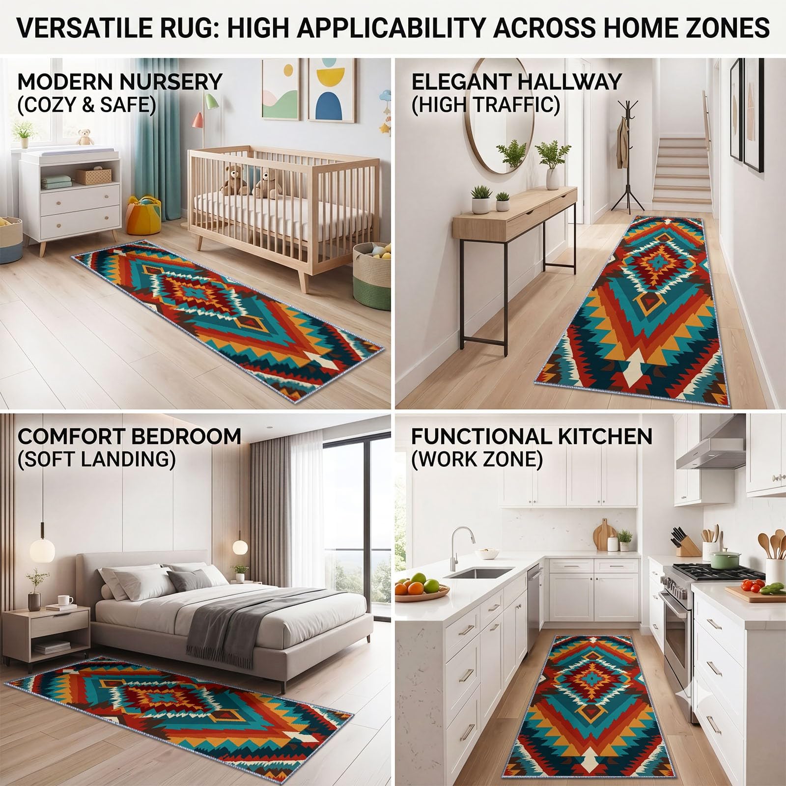 Boho Tribal Aztec chodnik 60 x 240 cm, czerwone romby rdza żółty ochra ciemny brąz antypoślizgowy i nadający się do prania w pralce, miękkie krótkie włosie do kuchni, przedpokoju, sypialni, biura i