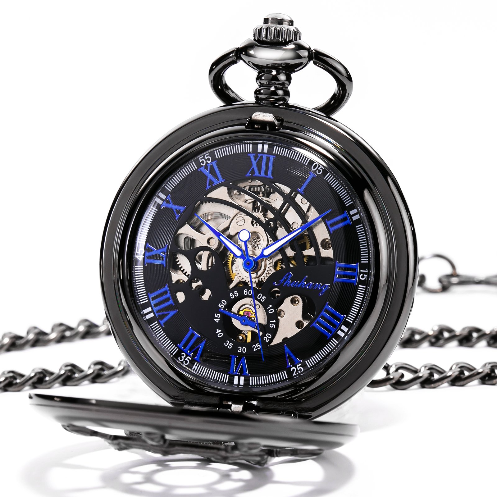 TREEWETO Reloj de bolsillo vintage timón hueco mecánico Steampunk esqueleto números romanos Fob reloj con cadena para hombres y mujeres