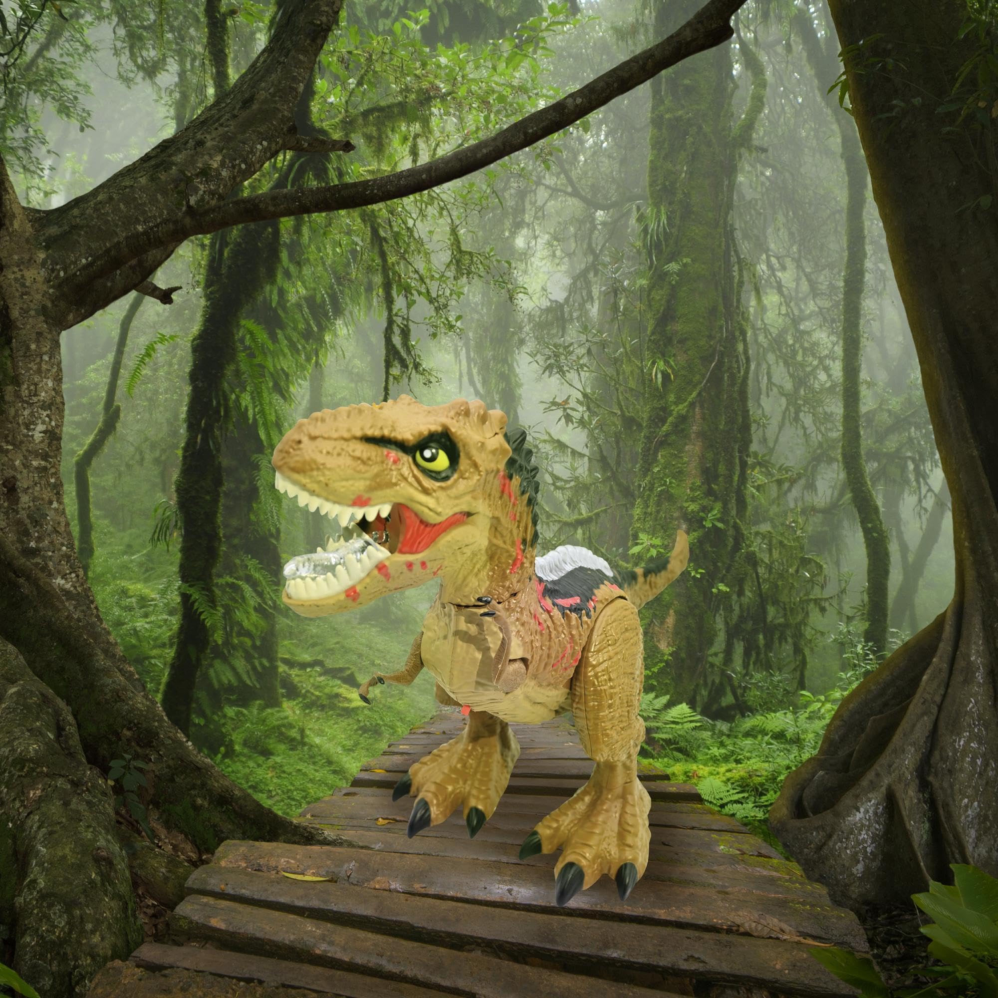 Lexibook - Tirannosauro di Controllo RC, Dinosauro Realistico, Movimenti articolati, Ruggito, Sputo di Fumo, Effetti di Luce, Ricaricabile, Fossili e telecomandi Portatili Inclusi, DINO02LXB
