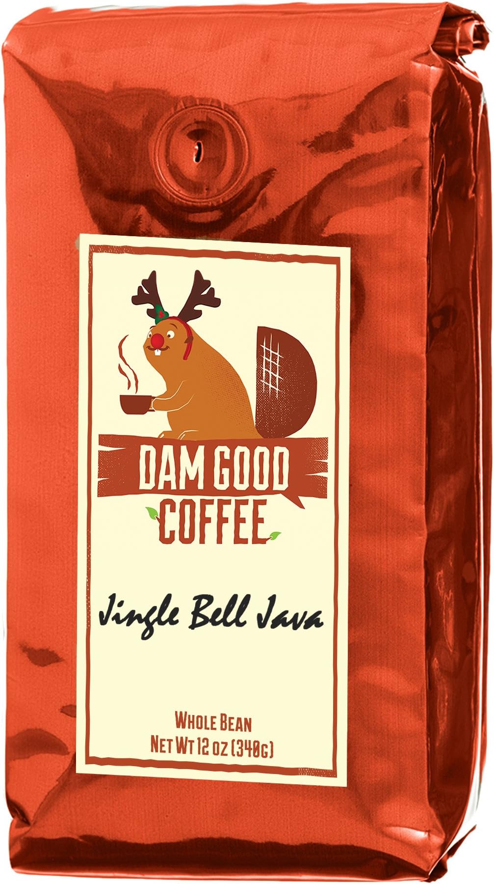 Dam Good Coffee – Jingle Bell Java - Christmas Stocking Stuffer - A Sleigh Ride of Caramel, Rum, and Pecan with a Dash of Cinnamon and Vanilla – Whole Bean - Rich Body - 12 Oz