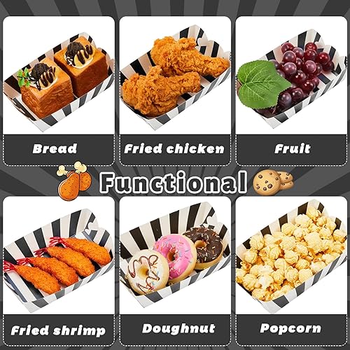 Miniatura 4 de Yaomiao 100 bandejas de papel a rayas para alimentos, barcos de papel para alimentos, botes de papel para perros calientes, bandejas desechables